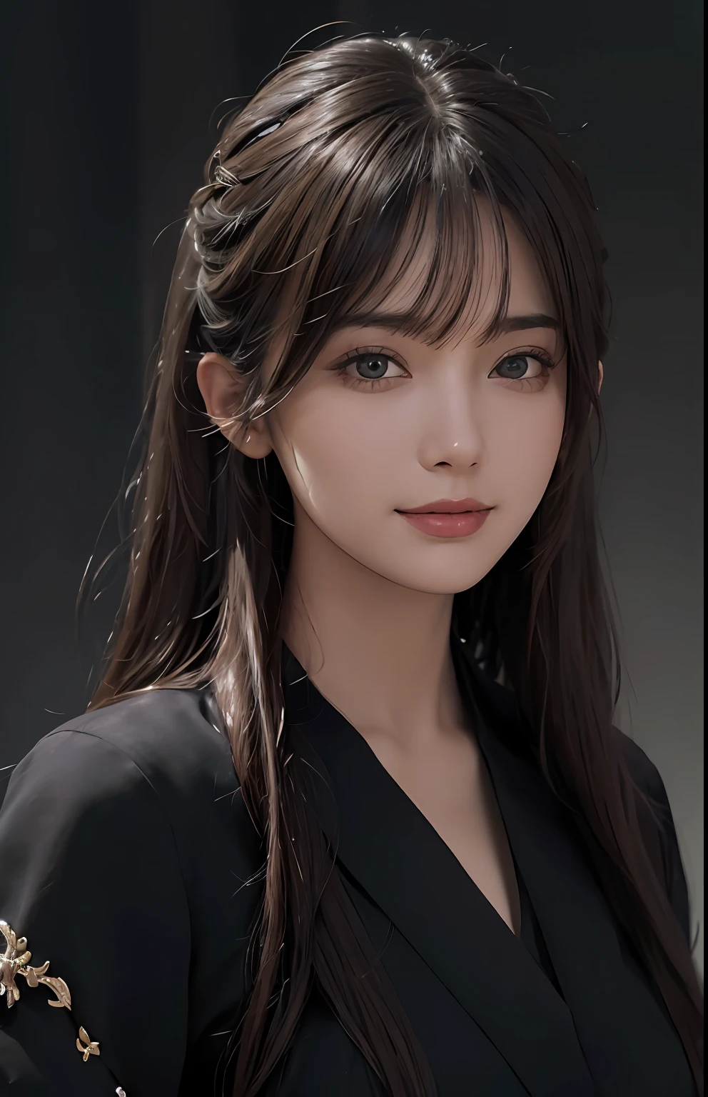 (Ultra Realistic), (Illustration), (Increased Resolution), (8K), (Extremely Detailed), (Best Illustration), (Beautiful and Detailed Eyes), (Best Quality), (Ultra Detailed), (Masterpiece ), ( wallpaper), (detailed face), solo, 1 girl, looking at viewer, fine details, detailed face, in the dark, deep shadows, low key, pureerosfaceace_v1, smiling, long hair, black shawl straight hair , 46 points oblique bangs