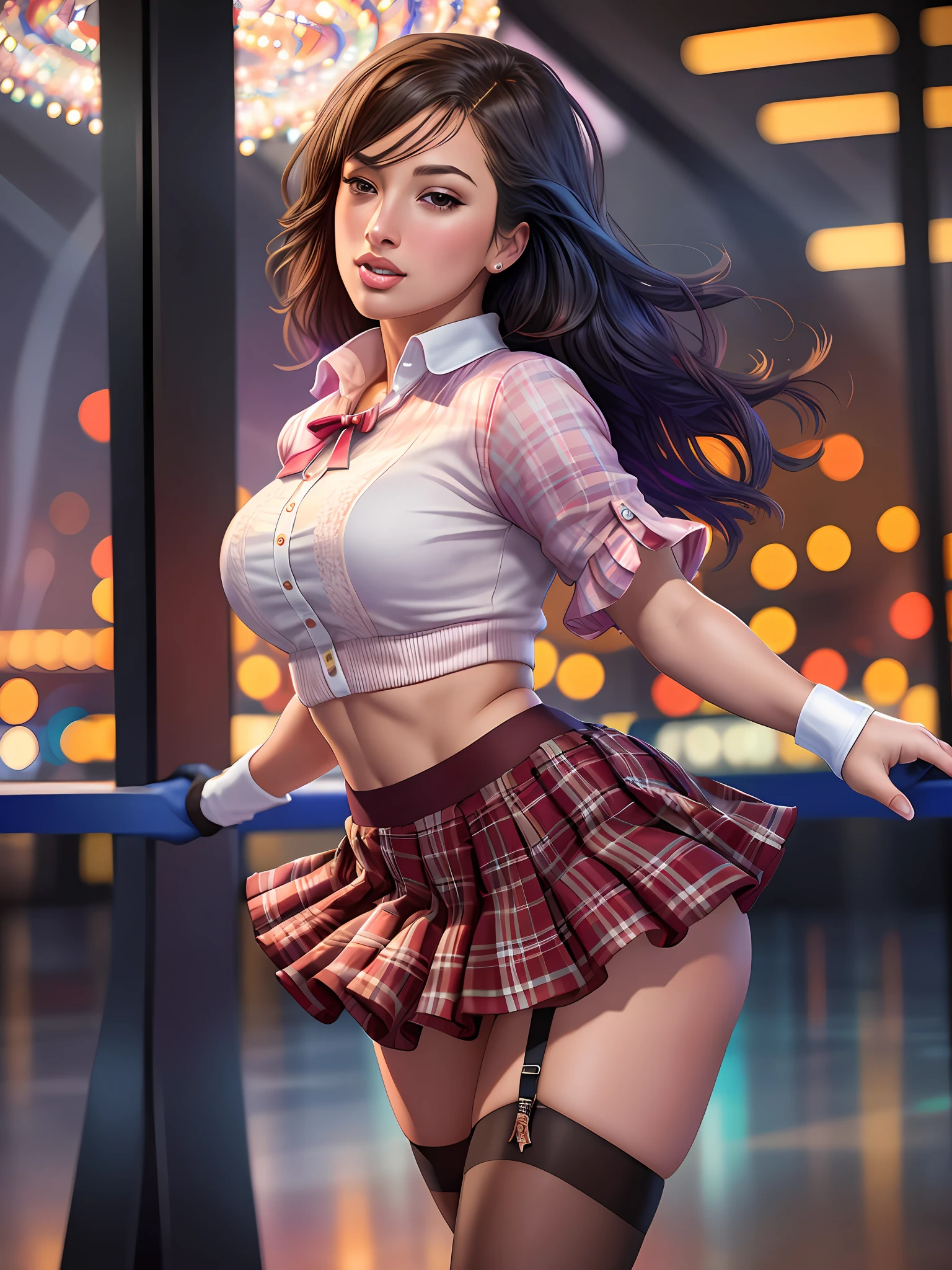 Ashley Graham on the ice rink, wearing a colorful flared short pleated skirt and blouse, colorful stockings, wide hips, best quality masterpiece, photorealistic, detailed, 8k, HDR, shallow depth of field, broad light, high contrast, backlighting, bloom, light sparkles, chromatic aberration, sharp focus, RAW color photo, glare, brilliance, amazing fine detail,detailed face, colourful, --s2