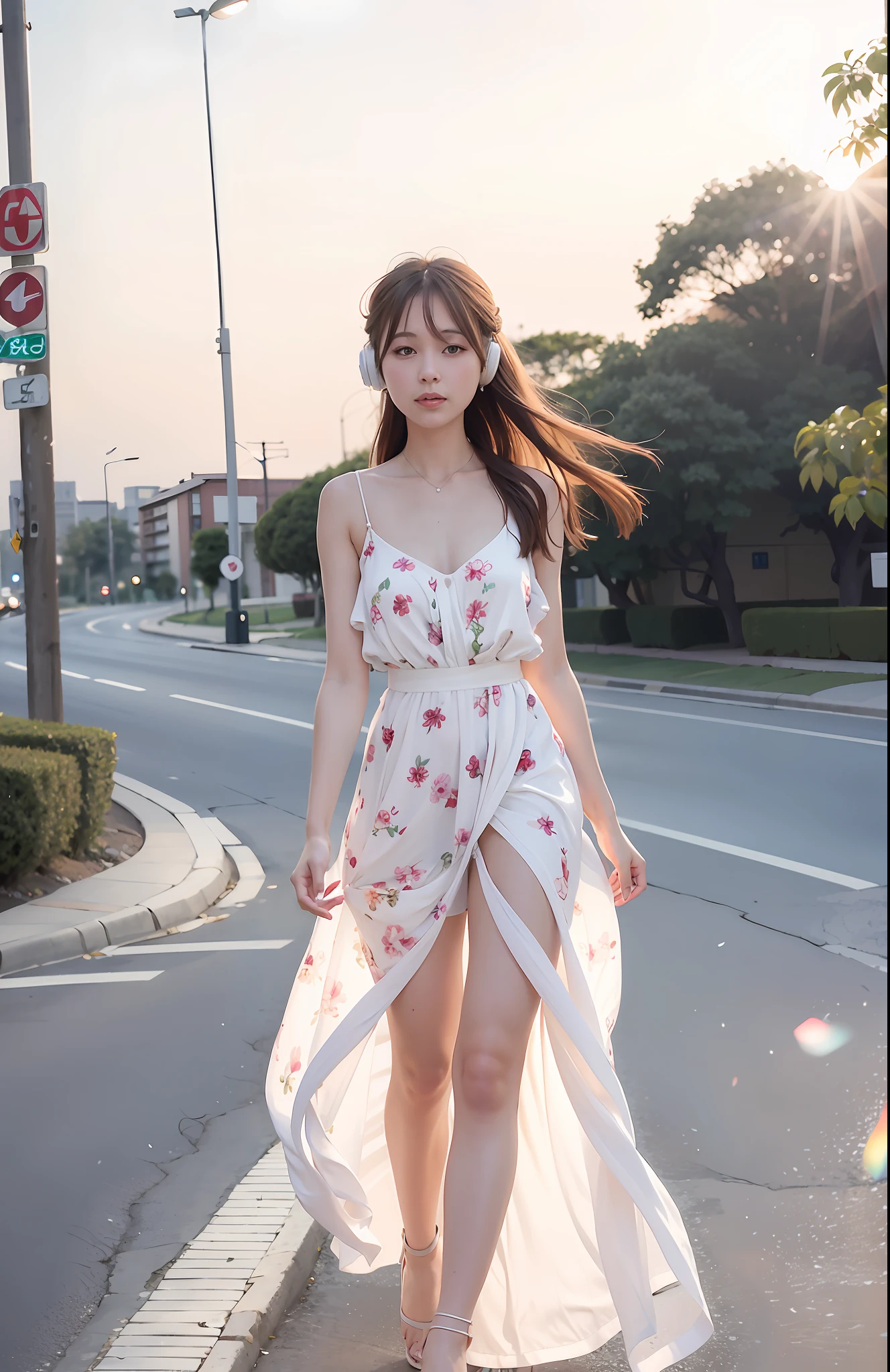 Elegant woman walking on sidewalk in dress, (white line headphones, listening to music), bandeau dress, romantic dress, light print, wind blowing, fashion dress, thin waist, light color half-open dress, soft silk fabric, thin fabric, exposed figure, elegant, flowing, summer, no shoulder straps