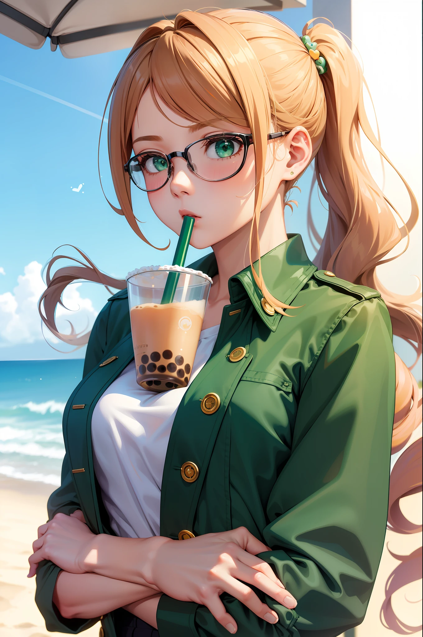 (masterpiece, best quality:1.2), solo, 1girl, sonia, bubble tea challenge, drinking straw, crossed arms, side ponytail, heart hair ornament, eyewear on head, trench coat, green shirt