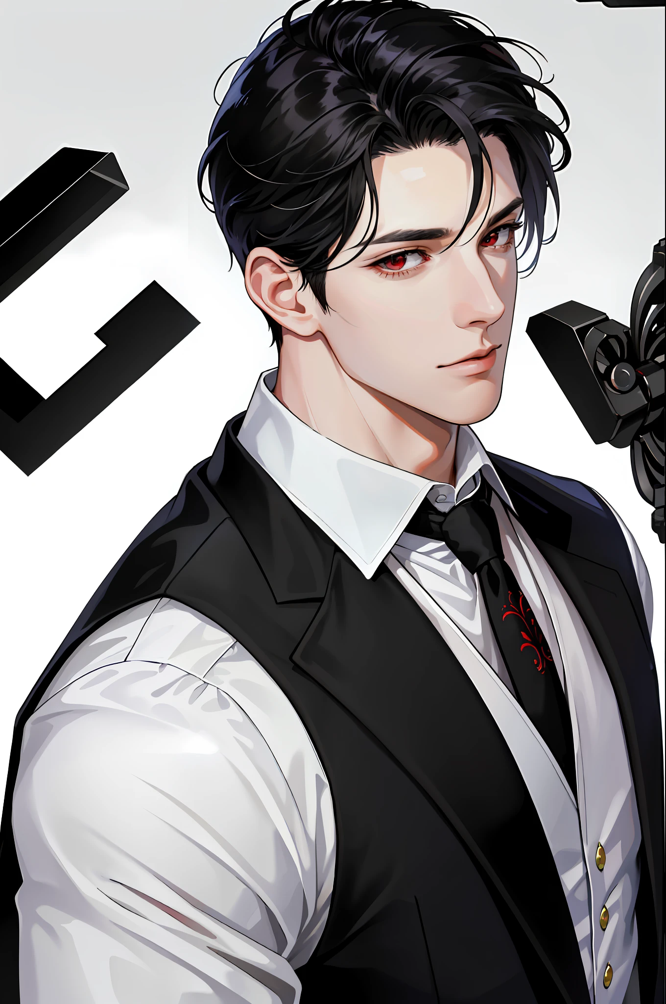 (ridiculous, high resolution, super detailed, realistic,), 1 male, soloist, adult, mature, very white skin, broad shoulders, handsome, cg style, gentle eyes, black hair, red eyes, long eyelashes, good complexion, angular chin, pure black formal suit, tie, close-up of face, no background