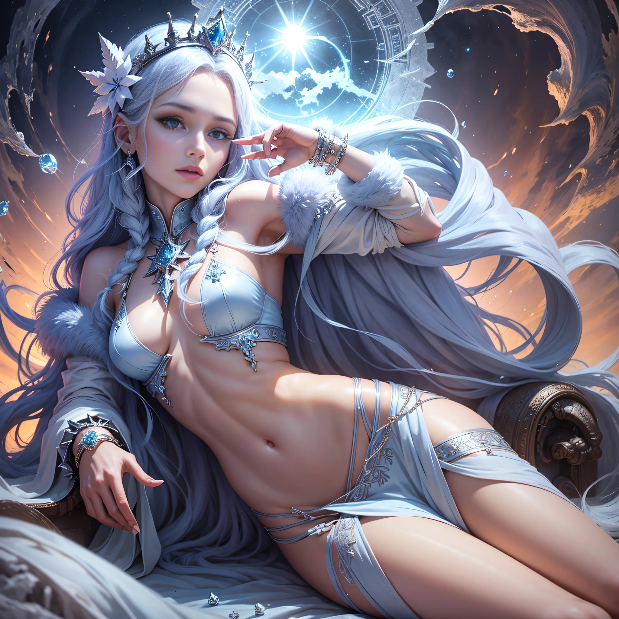 `an ice queen in a kingdom with the sun in the background, high definition, rich in details` --auto --s2