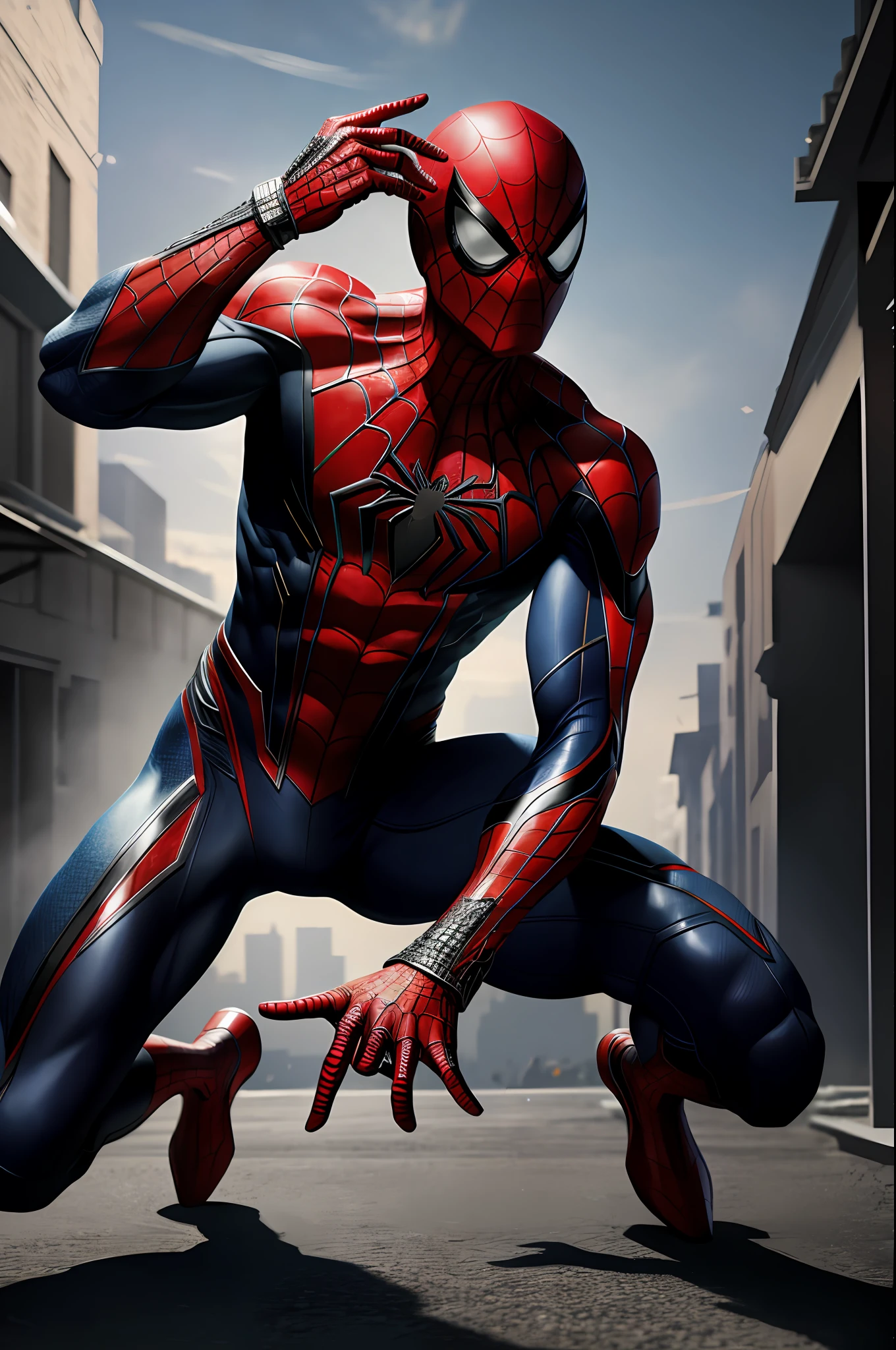 (8k, RAW photo, best quality, masterpiece:1.2), ultra detailed, official art, photo-realistic:1.37, upper body shot, marvel spiderman, film grain, action pose
