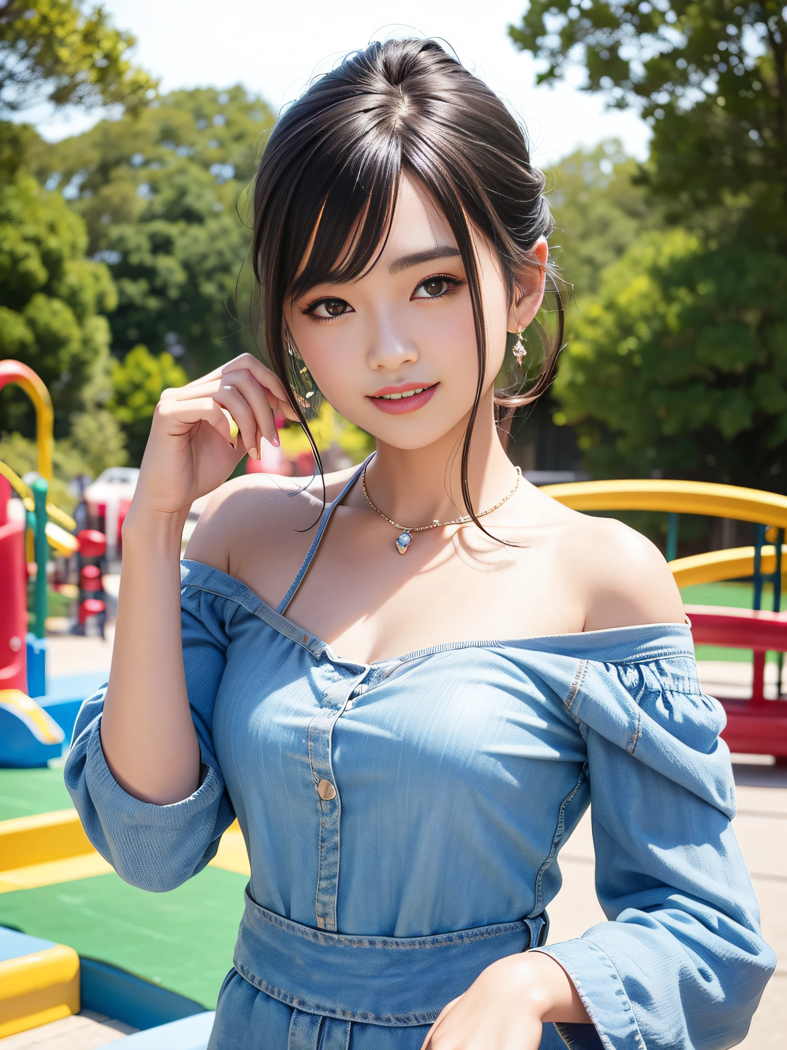 1girl, offshoulder, light smile, shiny skin
best quality, masterpiece, Eating artapushi at the playground, (photorealistic:1.4)