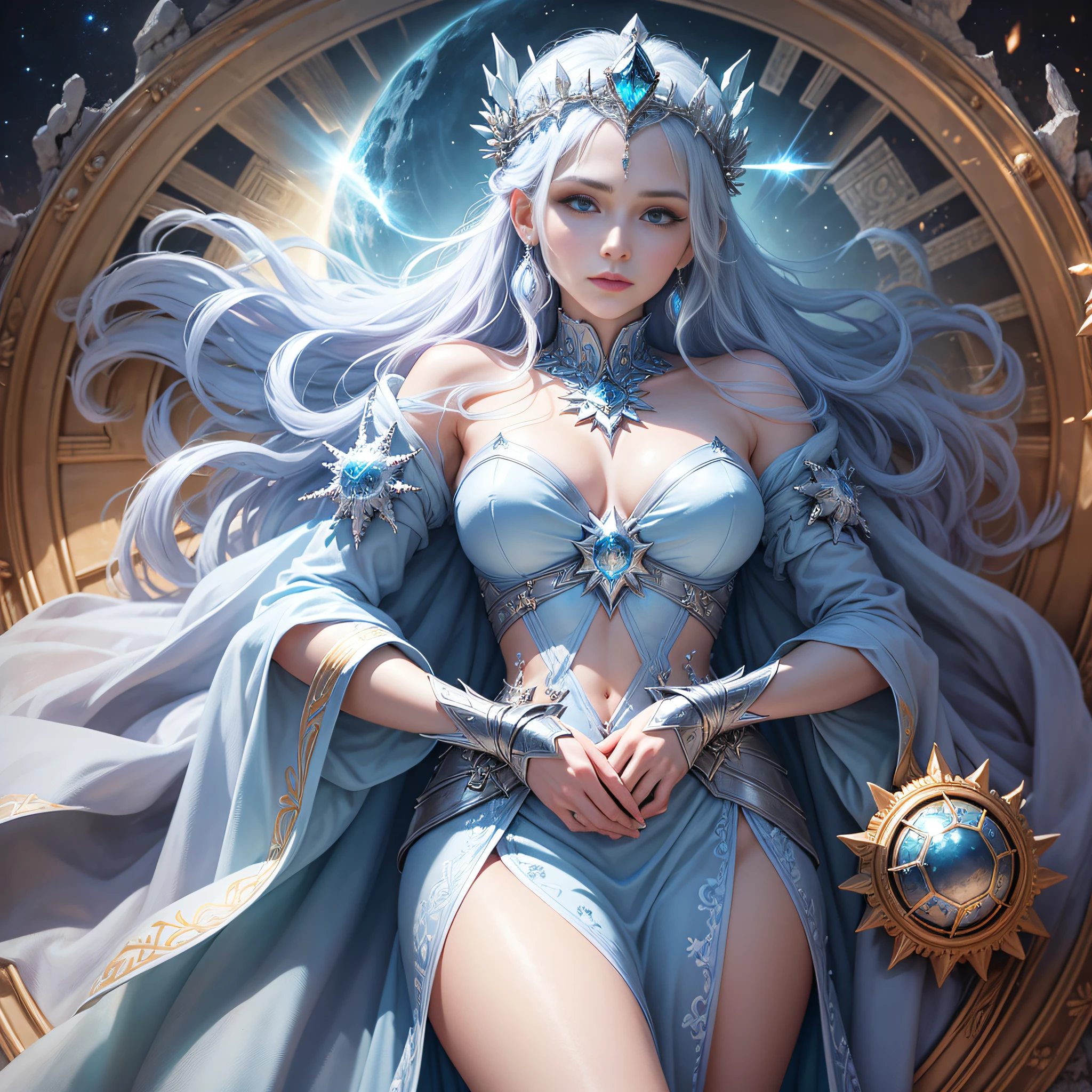 `an ice queen in a kingdom with the sun in the background, high definition, rich in details` --auto --s2