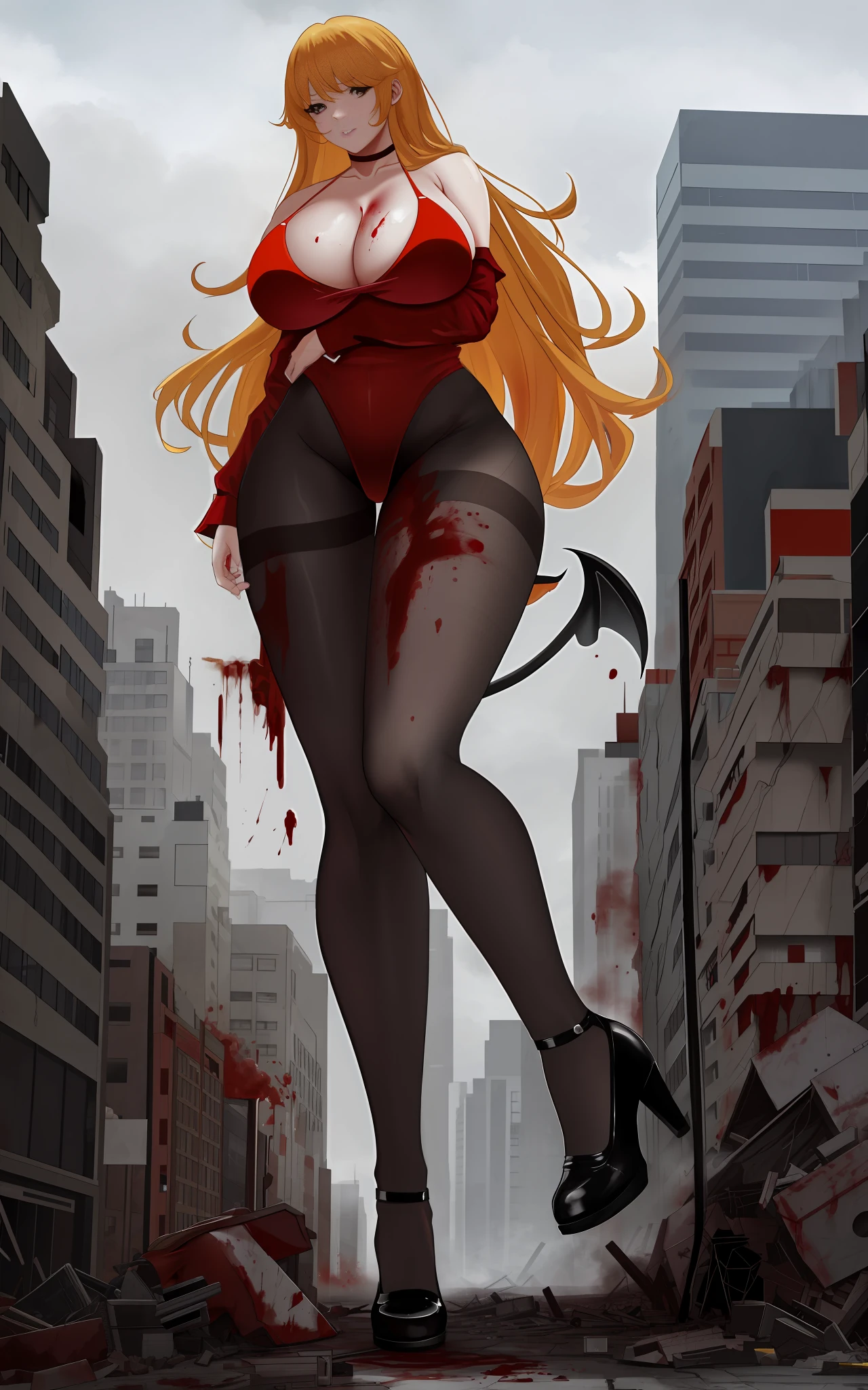 You find yourself in a completely destroyed city. A giant woman stands beside you. She is imposing, and her presence is impressive, adding further tension to the scene. Despite the chaotic environment, the image is in high resolution and quality, allowing for a detailed view of this unique scene, demon red bikini, yellow hair, huge , big tik, huge ass, pantyhoseuildire on fire, sexy, she's very big, 's very giant, she's bigger than clouds, she destroying everything, trying to stomp you, bloodthirsty, blood on her mouth, blood on her feet, blood on her tits, a lot of blood on hevil, blood on her hand, blood on her feet, very a lot of blood,