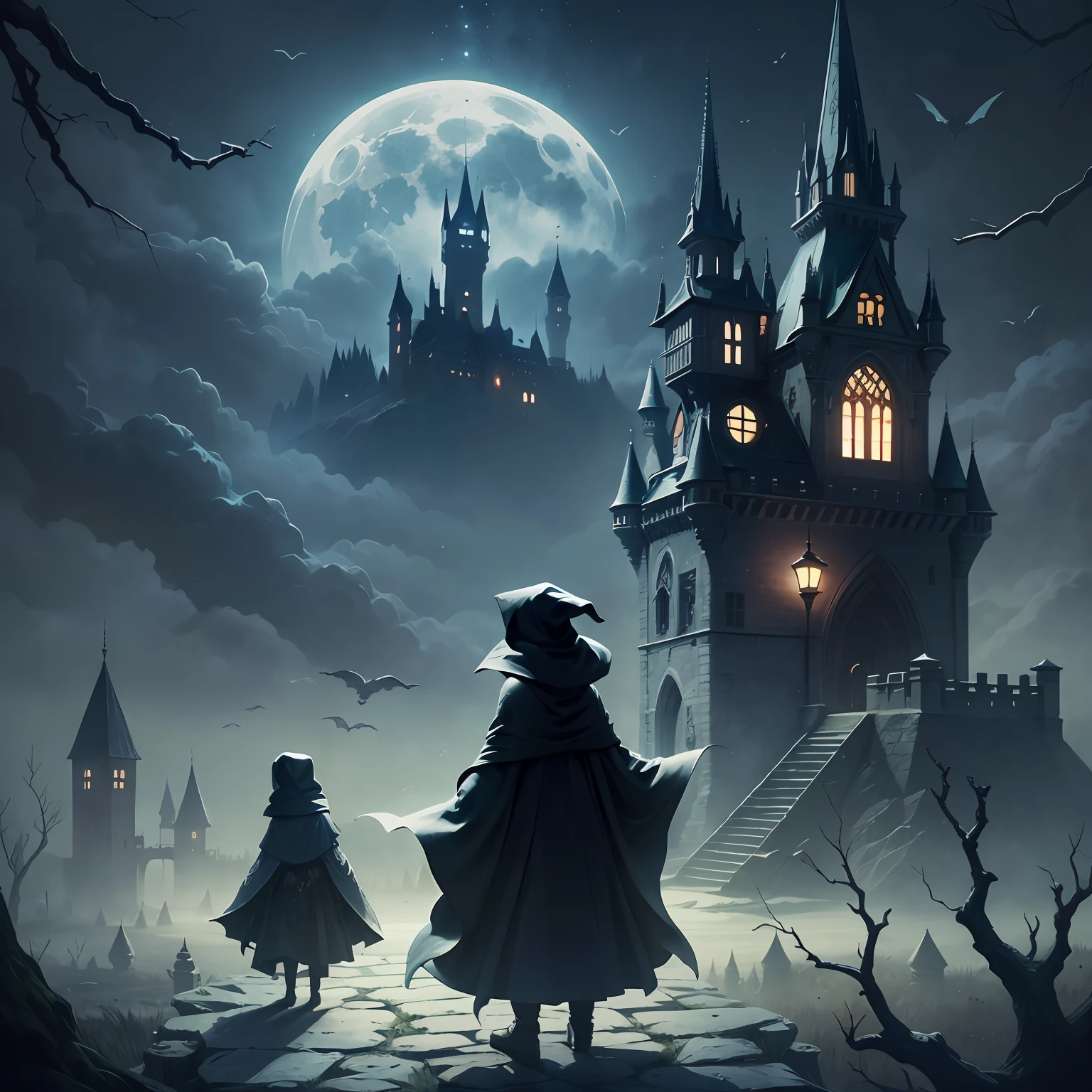 The castle in the lower left corner is replaced by a weird tree, a larger moon, and a black hooded cloak