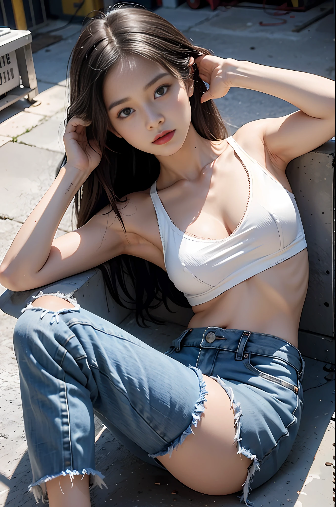 Girl in white bra and tight denim skirt posing for photo, full body, with cropped T-shirt, bra, slim body, smaller bust, slim girl model, 24-year-old female model, lying on the construction site, a group of black men onlooking