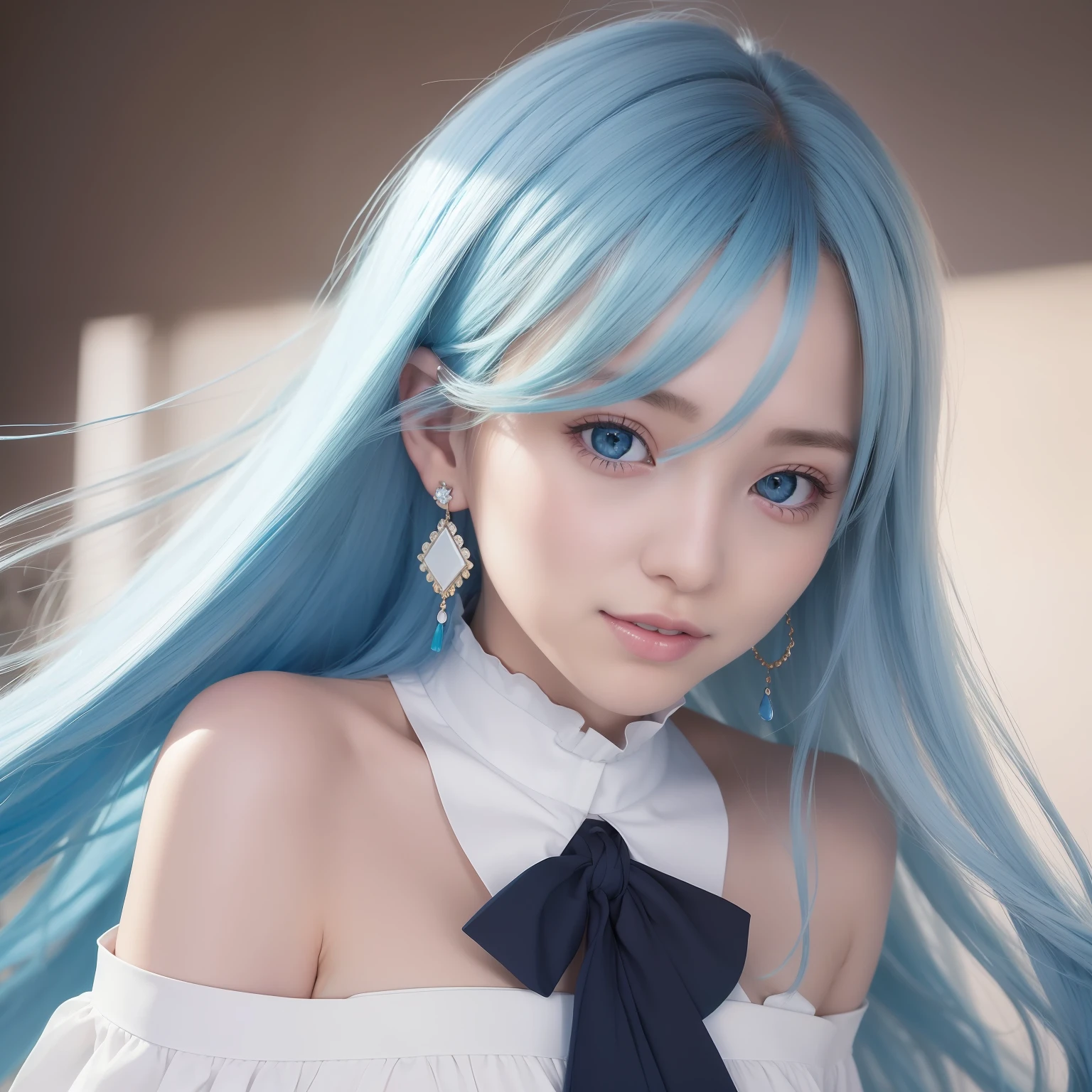 best quality,ultra high res,(photo realistic:1.4),japanese,skyblue hair,long hair,blue eyes,(ulzzang-6500:1.0),((skinny)),light makeup,white cape,black string tie,skyblue dress,white globe,white down shoulder badge,princess line,small breasts,small teardrop earrings,cute,smile,stage