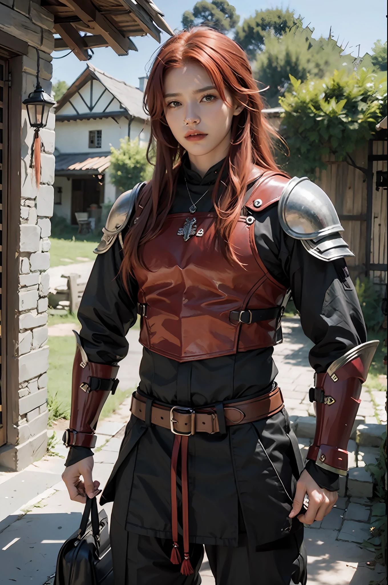 Village boy with armor, red hair and long, Berkserker style