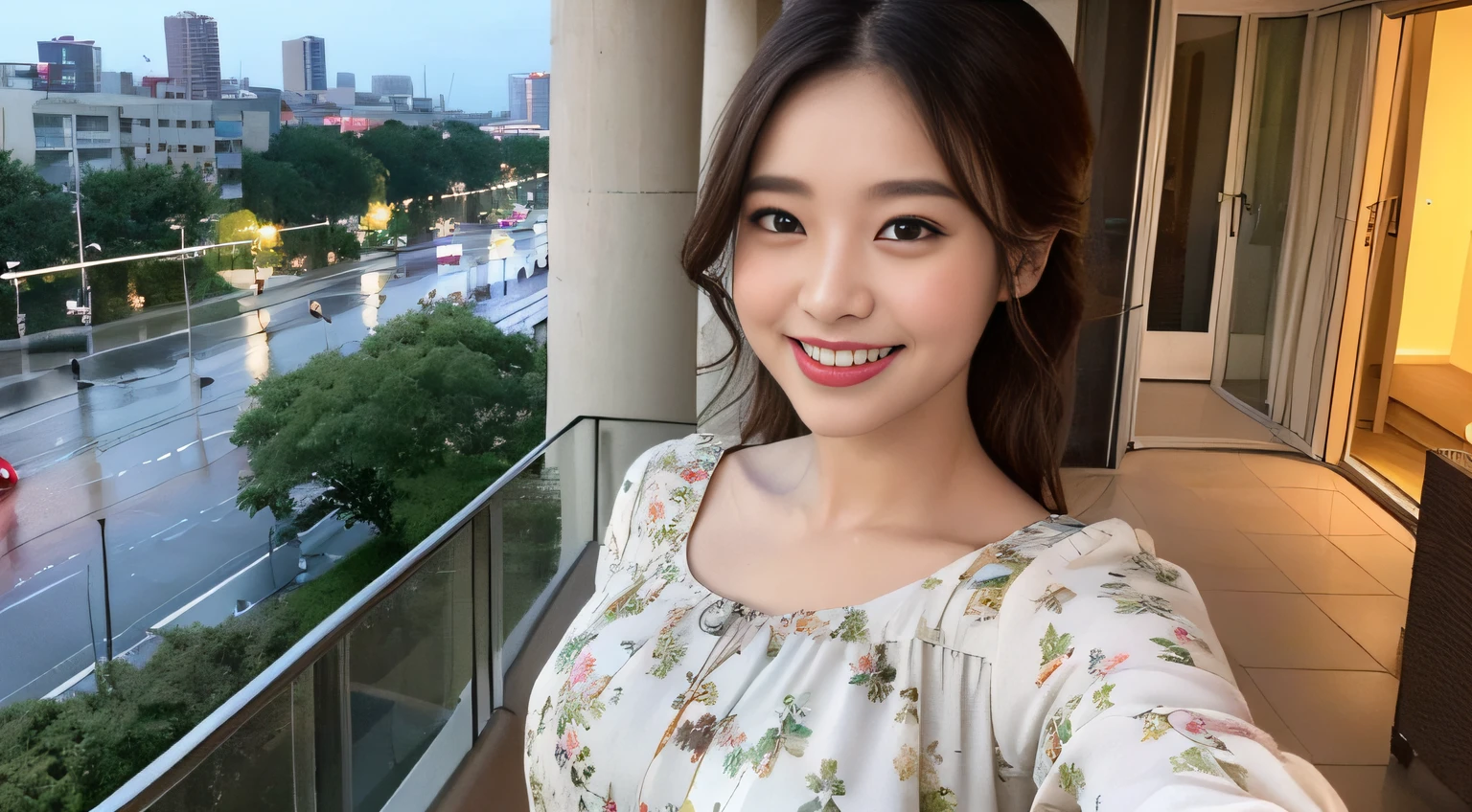 ((Best Quality, 8K, Masterpiece: 1.3)), Selfie, Sharp Focus: 1.2, Cute Beauty in Perfect Shape: 1.4, Slim Big Tits: 1.2, ((Brown Black, Big Breasts: 1.2)), (, Happy Expression, Standing: 1.2), ((Night view of a rainy city, Simple balcony: 1.3 Made with a female main focus)), Highly detailed facial and skin texture, detailed eyes, double eyelids, smiling pastoral floral dress