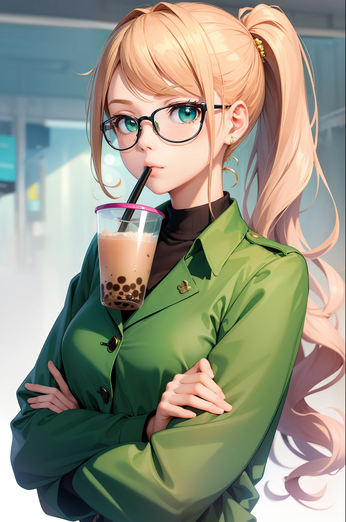(masterpiece, best quality:1.2), solo, 1girl, sonia, bubble tea challenge, drinking straw, crossed arms, side ponytail, heart hair ornament, eyewear on head, trench coat, green shirt