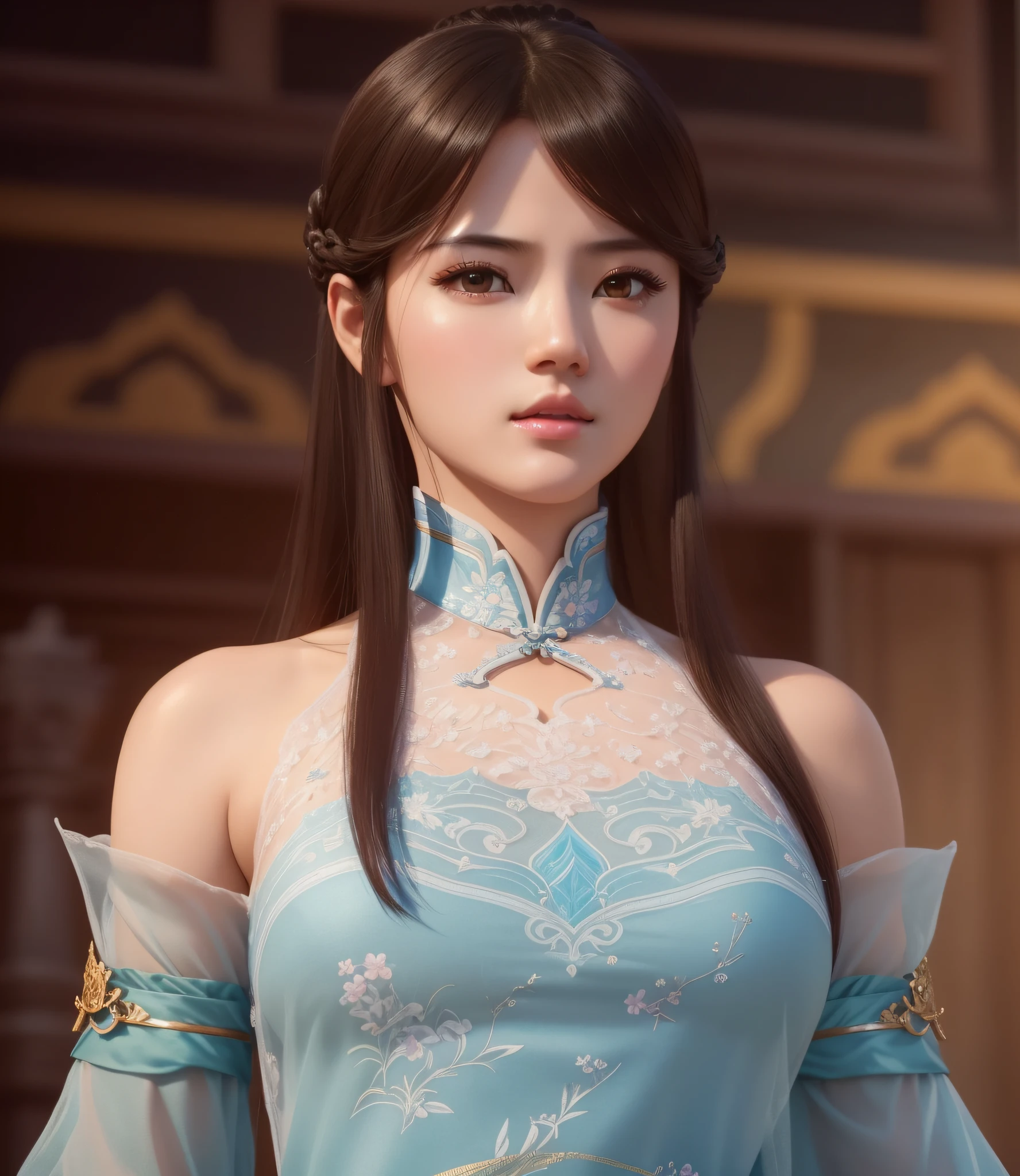 a close up of a woman in a blue dress with a sword, game cg, yun ling, full body xianxia, portrait knights of zodiac girl, trending on cgstation, inspired by Li Mei-shu, inspired by Leng Mei, inspired by Lan Ying, xianxia, 3 d anime realistic, xision wu, beautiful render of tang dynasty, (masterpiece:1.4), (8k, photorealistic, RAW photo, best quality: 1.4), japanese, beautiful face, (realistic face:1.4), (high detailed hair:1.3), beautiful hairstyle, realistic eyes, beautiful detailed eyes, (realistic skin:1.3), beautiful skin, attractive, ultra high res, ultra realistic, highly detailed, golden ratio, (detailed face:1.4), (realistic big breasts:1.4), (braless:1.4), perky_nipples, (see-through outfit, transparent outfit :1.2), (nsfw:1.25), (pink lips),