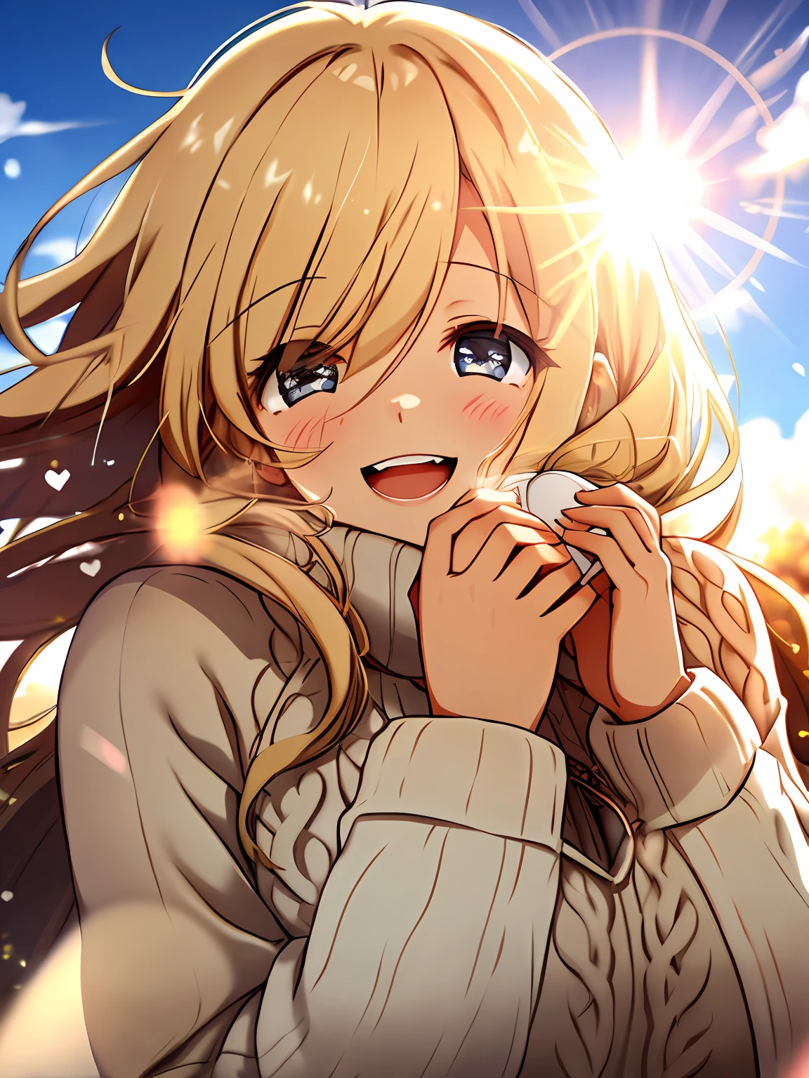 a girl, cosy sweater on, upper body, (huge Laughing:1.1), (open mouth:1.1), (wide open eyes:1.2), sun glare, bokeh, depth of field, blurry background, light particles, strong wind, (heart particles:1.1)