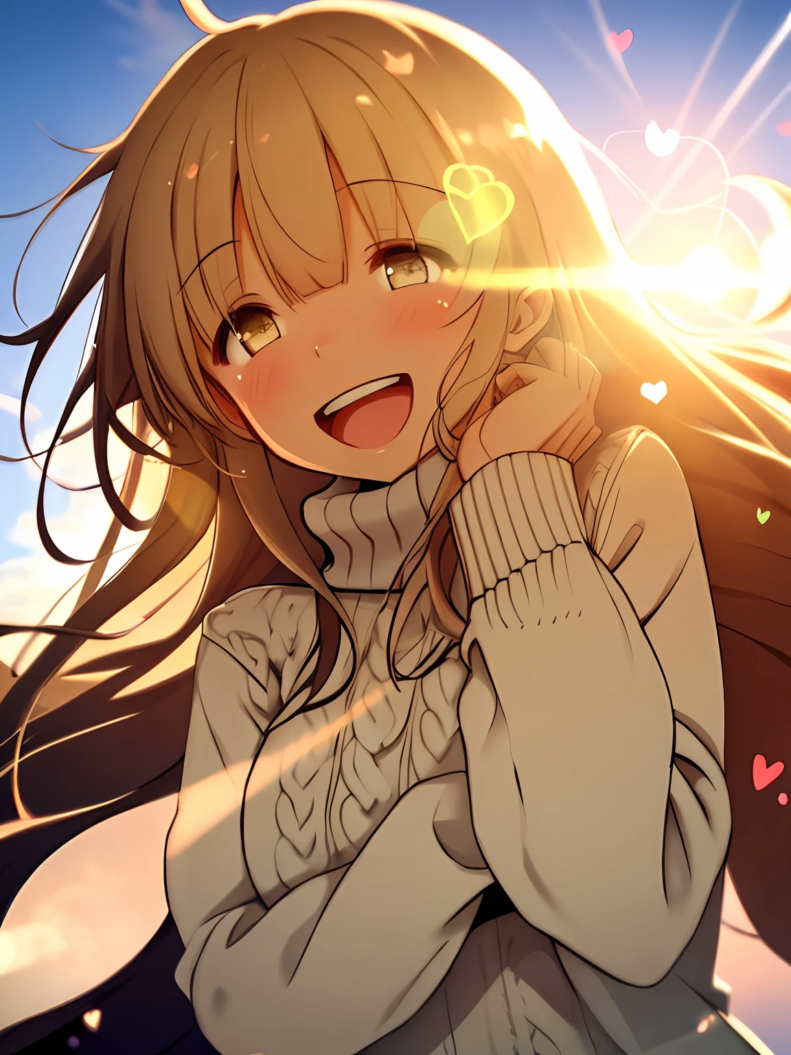 a girl, cosy sweater on, upper body, (huge Laughing:1.1), (open mouth:1.1), (wide open eyes:1.2), sun glare, bokeh, depth of field, blurry background, light particles, strong wind, (heart particles:1.1)