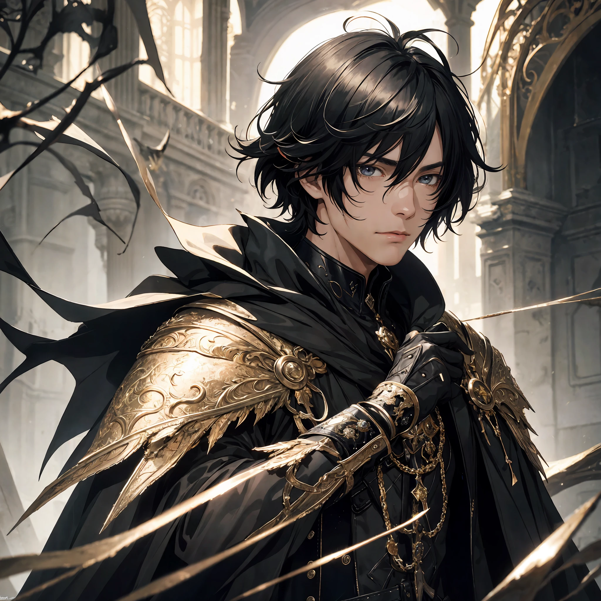 masterpiece, best quality, 1man, adult, male focus, solo, medium black hair, vibrant black eyes, looking at viewer, cape, High quality metal texture, overcoat, closed mouth, upper body, bangs, high collar,(kbxll:0.6), Fantasy aesthetics, Highly detailed, shadowverse style, fantasy outfit, metalic black gloves