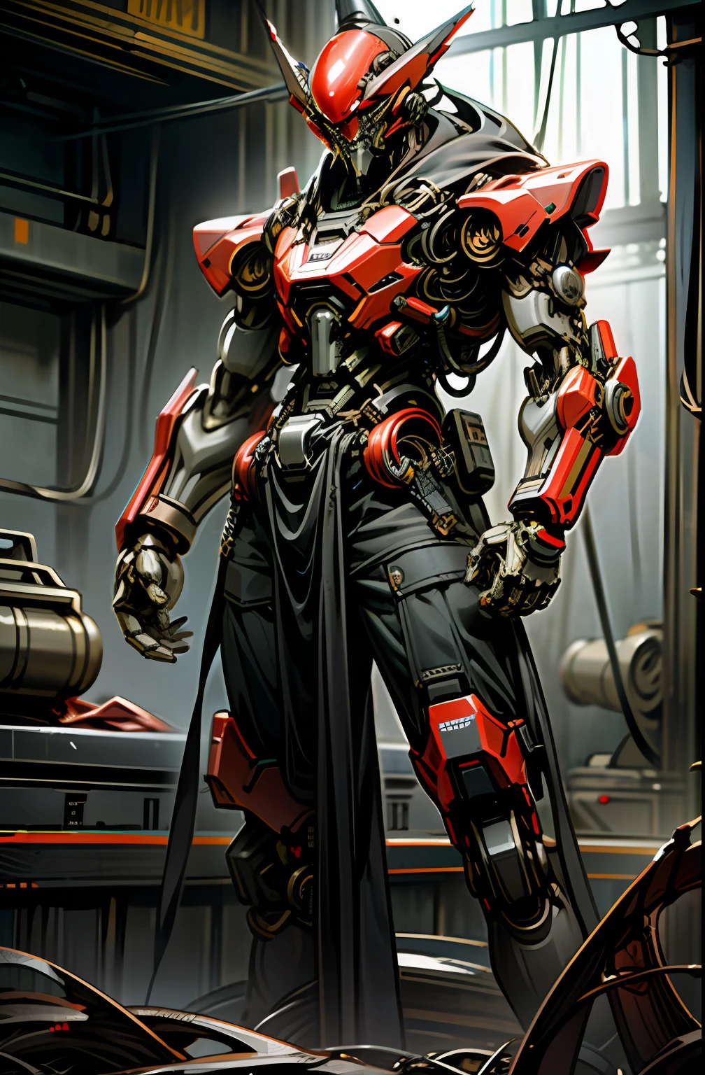 Dark_Fantasy,Cyberpunk,(chain saw,chain saw man,Red:1.1),1man,Mechanical marvel,Robotic presence,Cybernetic guardian,