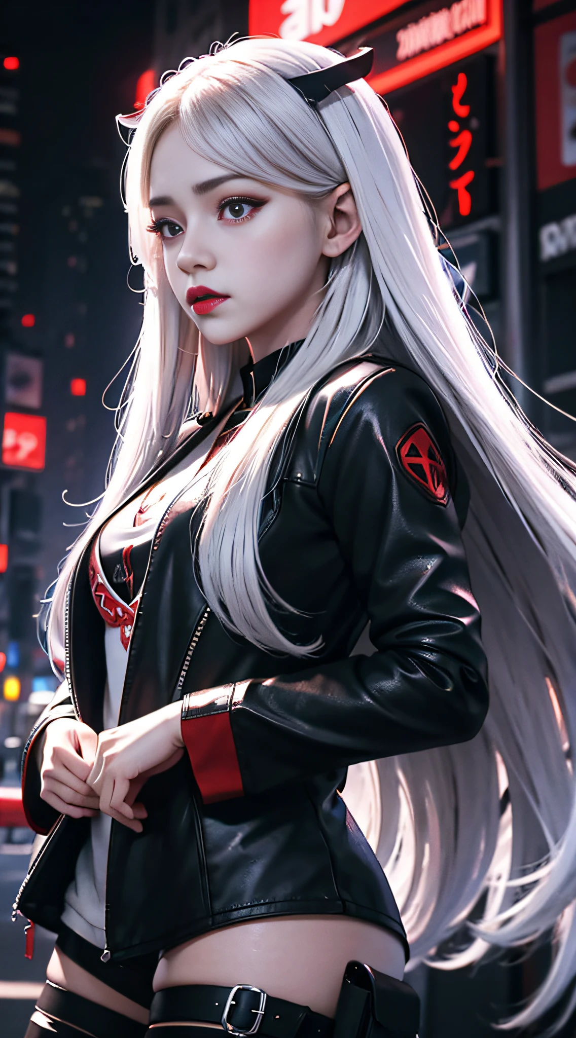 masterpiece, best quality CG unity 8k wallpaper, 1girl, white long hair, red eyes, black lips, night city