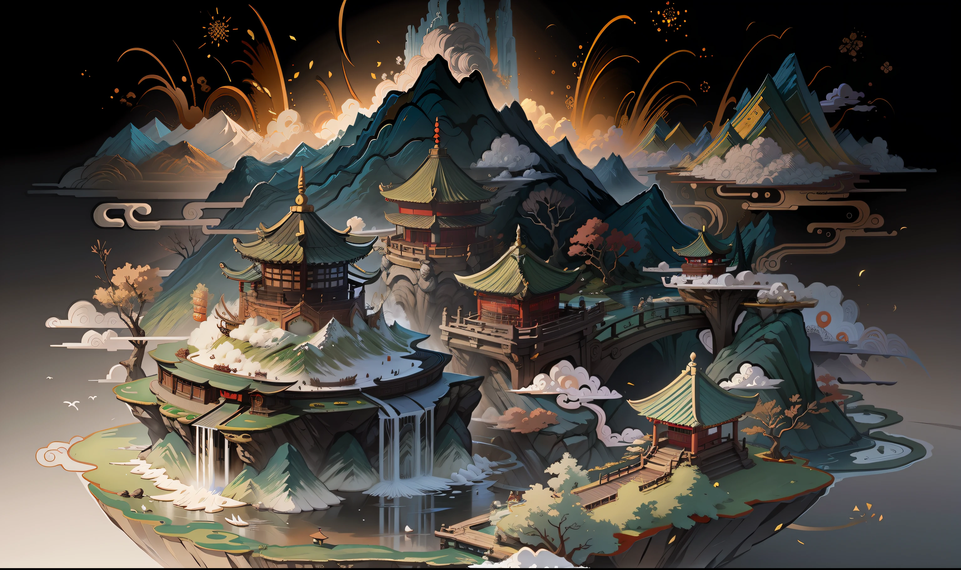 Ancient Chinese scenery, mountains, rivers, auspicious clouds, sunshine, masterpieces, super detail, epic composition, ultra HD, high quality, extremely detailed, official art, unified 8k wallpaper, Super detail, 32k -- v 6