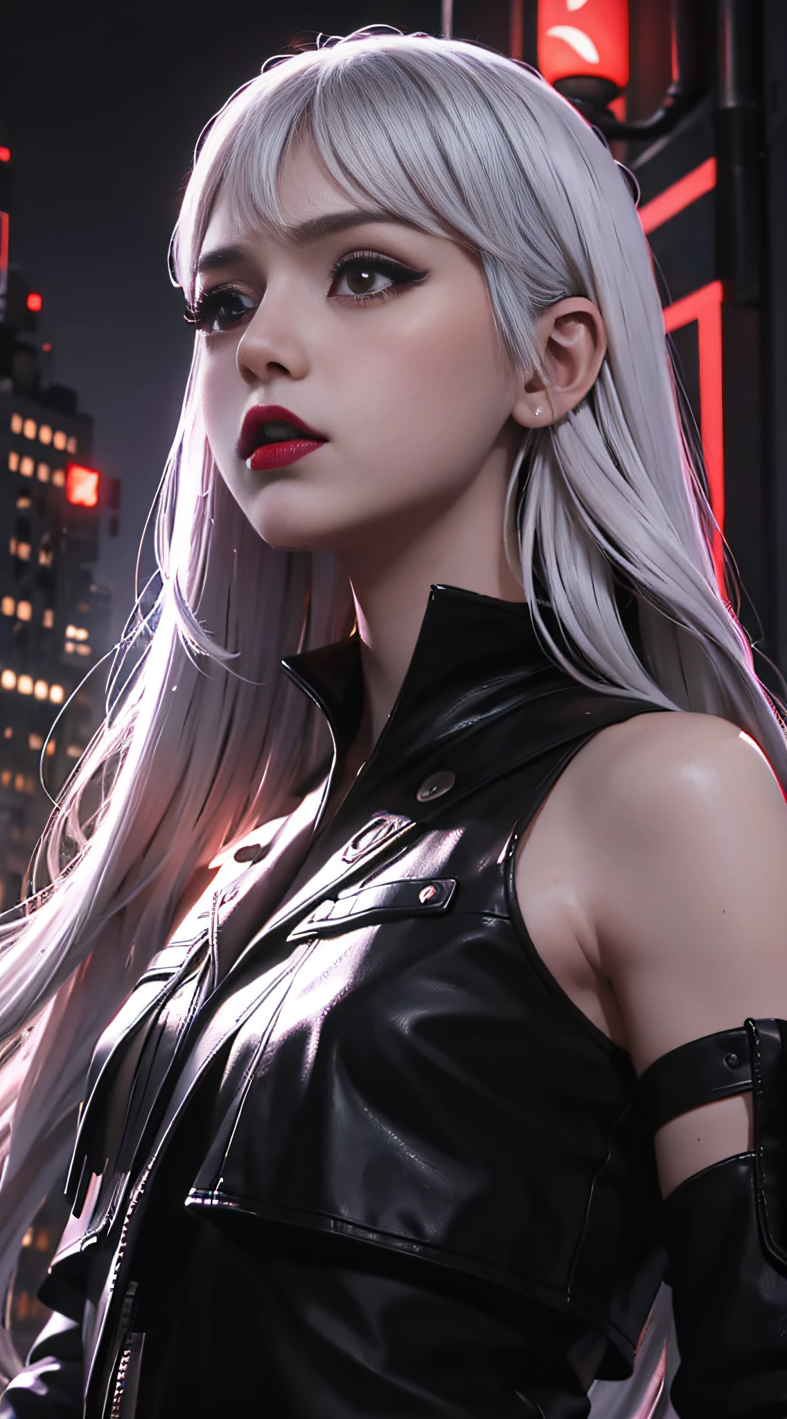 masterpiece, best quality CG unity 8k wallpaper, 1girl, white long hair, red eyes, black lips, night city