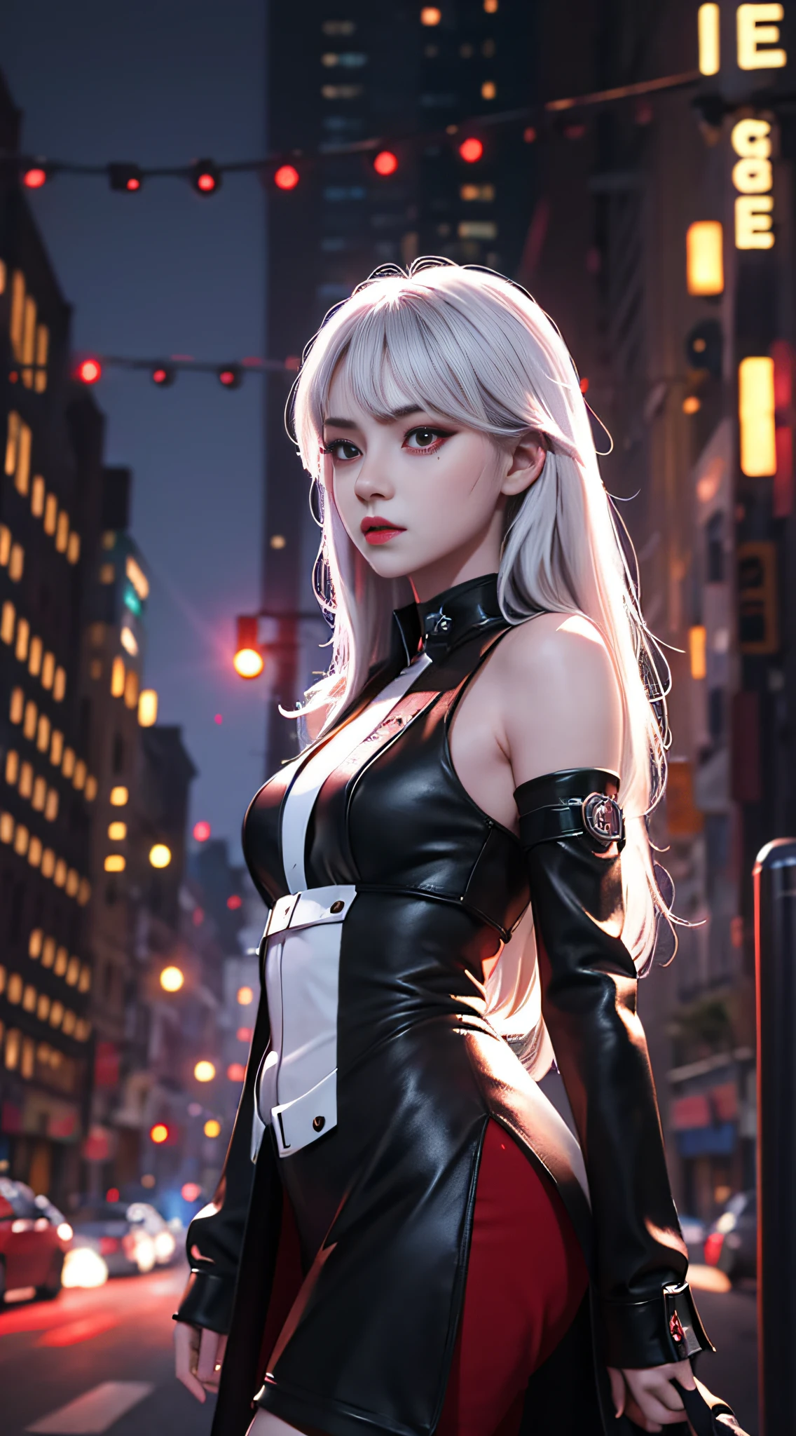 masterpiece, best quality CG unity 8k wallpaper, 1girl, white long hair, red eyes, black lips, night city