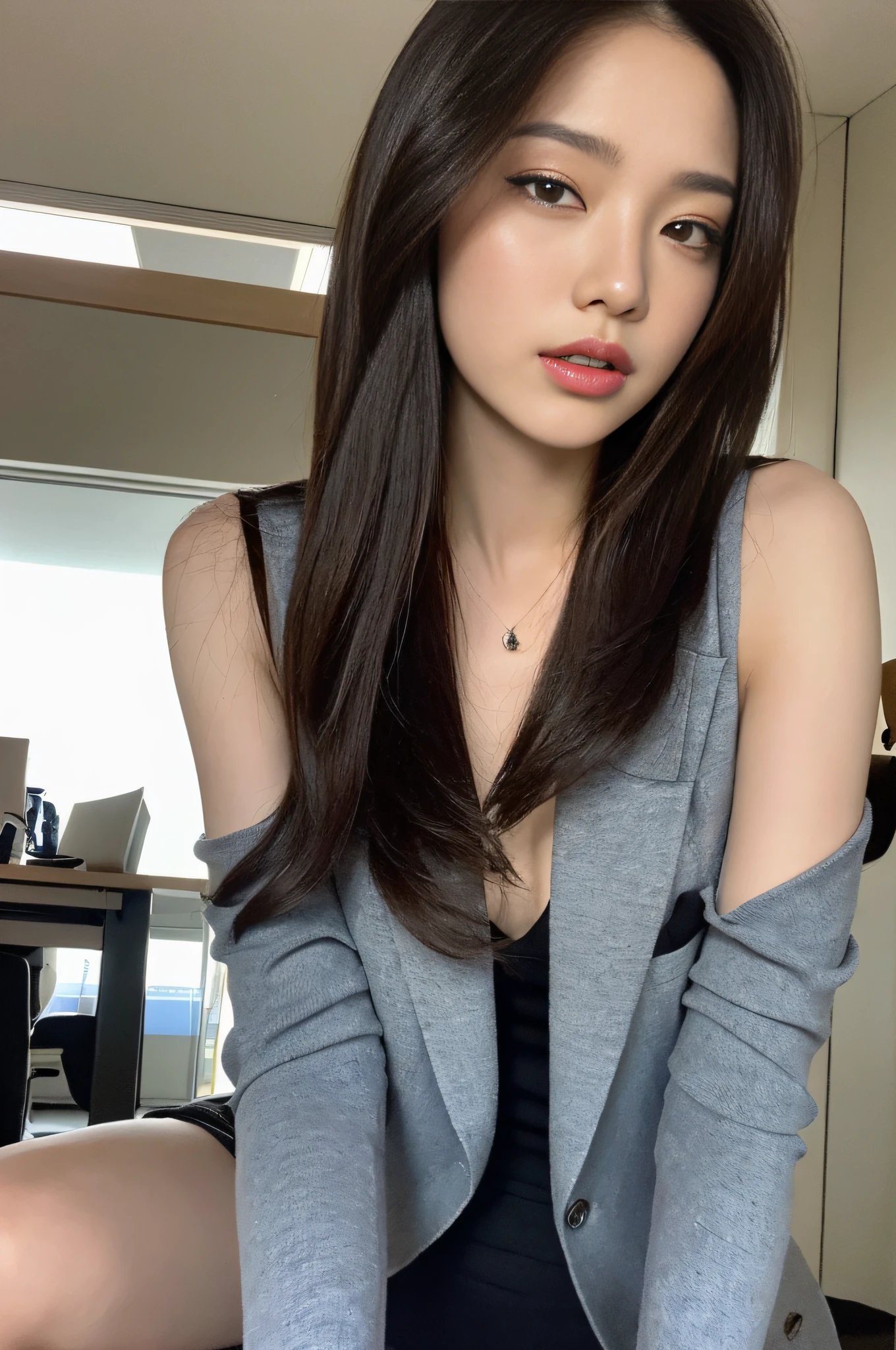 (Top Quality, 16k, Masterpiece: 1.3)), Slender Beauty 1 Person: 1.5, (C Cup Breasts: 1.1, Slender Abs: 1.2), (Black Straight Long Hair), (Ultra Detailed Face and Skin Texture, Ultra Detailed Eyes, Double Eyelids, Ultra Detailed Eyes), (CanonEOS, f/2.8), Dark Blue Suit, White Underwear, Sit at Desk, Spread Your Legs, Back ground is office
