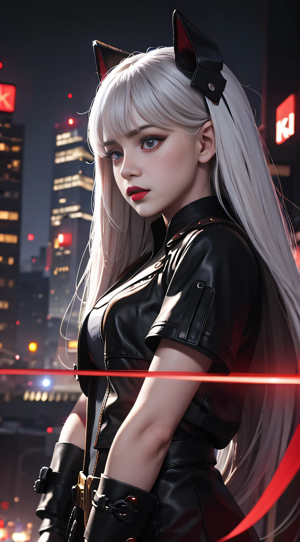 masterpiece, best quality CG unity 8k wallpaper, 1girl, white long hair, red eyes, black lips, night city