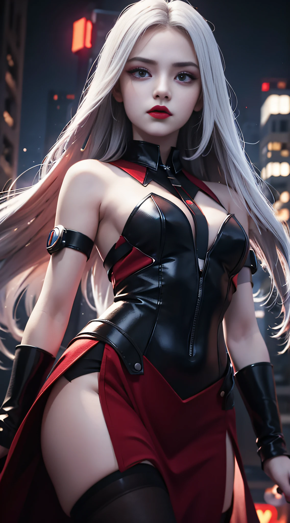 masterpiece, best quality CG unity 8k wallpaper, 1girl, white long hair, red eyes, black lips, night city