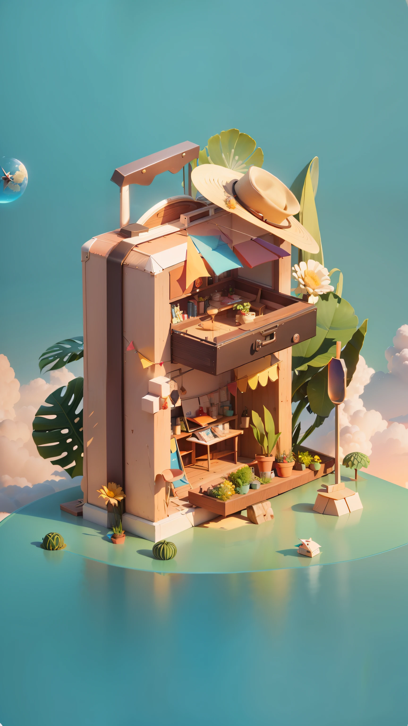 There is a suitcase with a straw hat on top, clouds, atmosphere, leaves, chrysanthemums floating in the air, paper airplanes, (miniature: 1.2), 2.5d illustration, 3d rendering, 3d modeling, bubble matt, trend in behans 3d art, trend in behans 3d art, 3d illustration, 3d illustration, 3d illustration, commercial illustration, cinema 4d color rendering, 3d rendering stylization, stylized digital illustration, 3d stylized scene, stylized 3d rendering, 8k