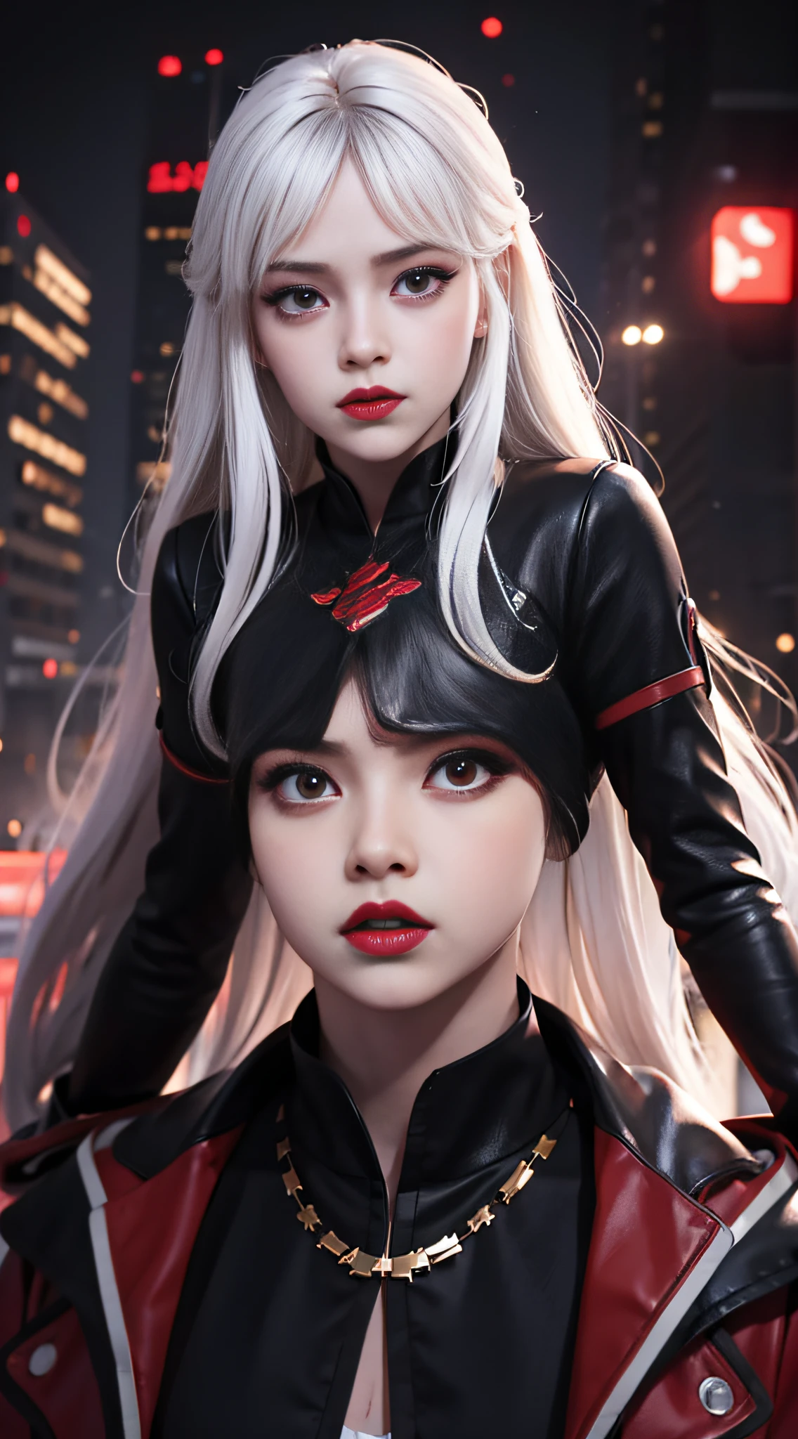 masterpiece, best quality CG unity 8k wallpaper, 1girl, white long hair, red eyes, black lips, night city