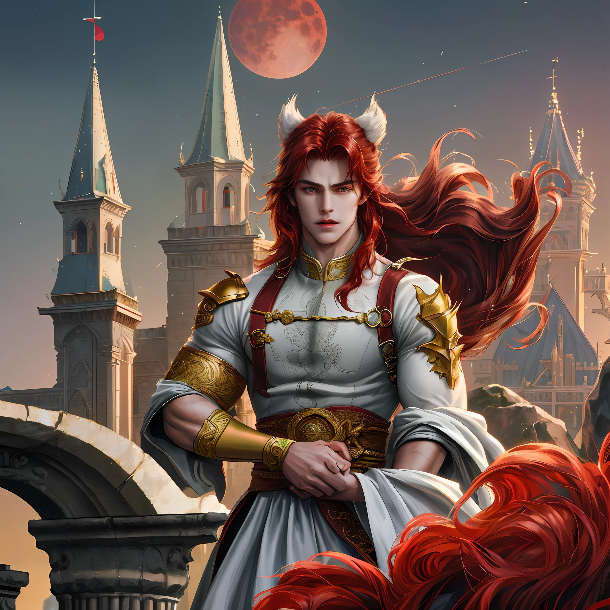 1 person, muscular, male, perfect looking, long hair, kemono, dressed as a prince standing on a cliff with flowers behind him, cloulds In the sky, photo, realism, CGI, (Combat move: 1.2), tekken, glowing eyes, wide waist,, red hair, (baki:1.2), green eyes, teeth, (sweat: 1.0), High detail, castle, masterpiece, (HDR) (wallpaper) (cinematic light) (sharp focus), Masterpiece, Best Quality, (Very detailed CG unity wallpaper 8k), (Best Quality), Night, Blood Moon