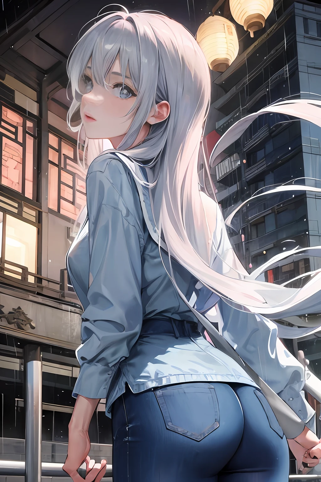 (Woman's back)), on the rainy playground, mature woman with umbrella above her head, the background is the campus, blue denim leggings, delicate facial features, light blue pupils, masterpiece superb night moon full moon 1 female mature woman Chinese sister royal sister cold face showing silver white long hair woman light pink lips calm intellectual three banded gray assassin lantern lantern flower ball background strolling street scene, long hair shawl,
