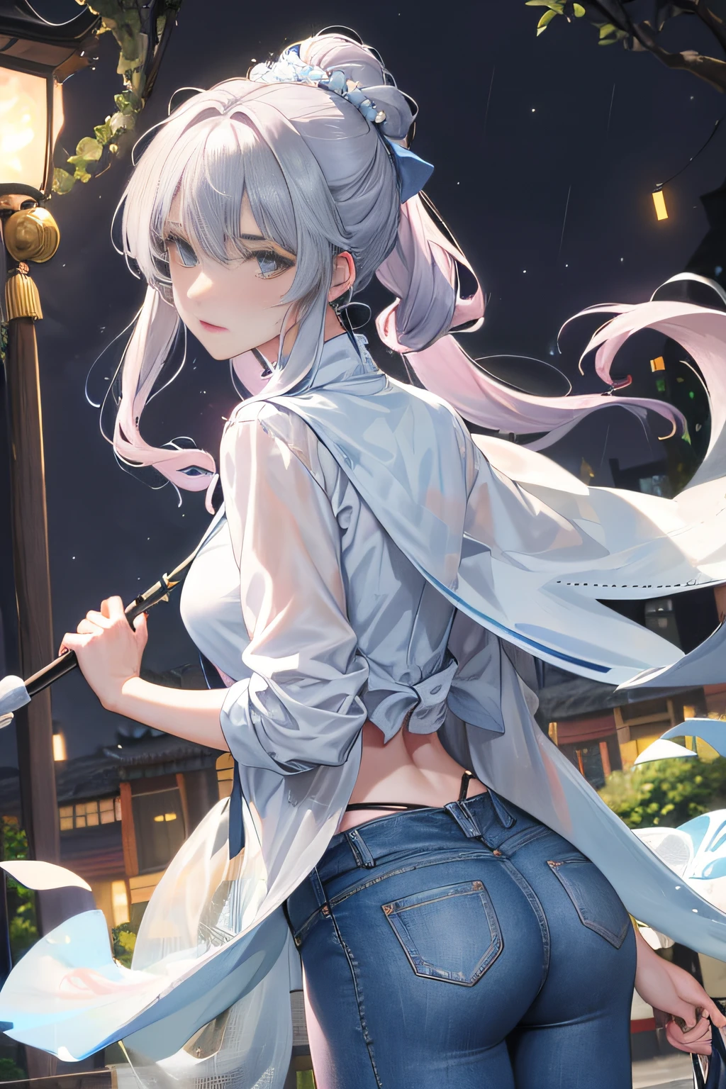 (Woman's back)), on the rainy playground, mature woman with umbrella above her head, the background is the campus, blue denim leggings, delicate facial features, light blue pupils, masterpiece superb night moon full moon 1 female mature woman Chinese sister royal sister cold face showing silver white long hair woman light pink lips calm intellectual three banded gray elementary school student assassin lantern lantern flower ball background strolling street scene, long hair shawl,
