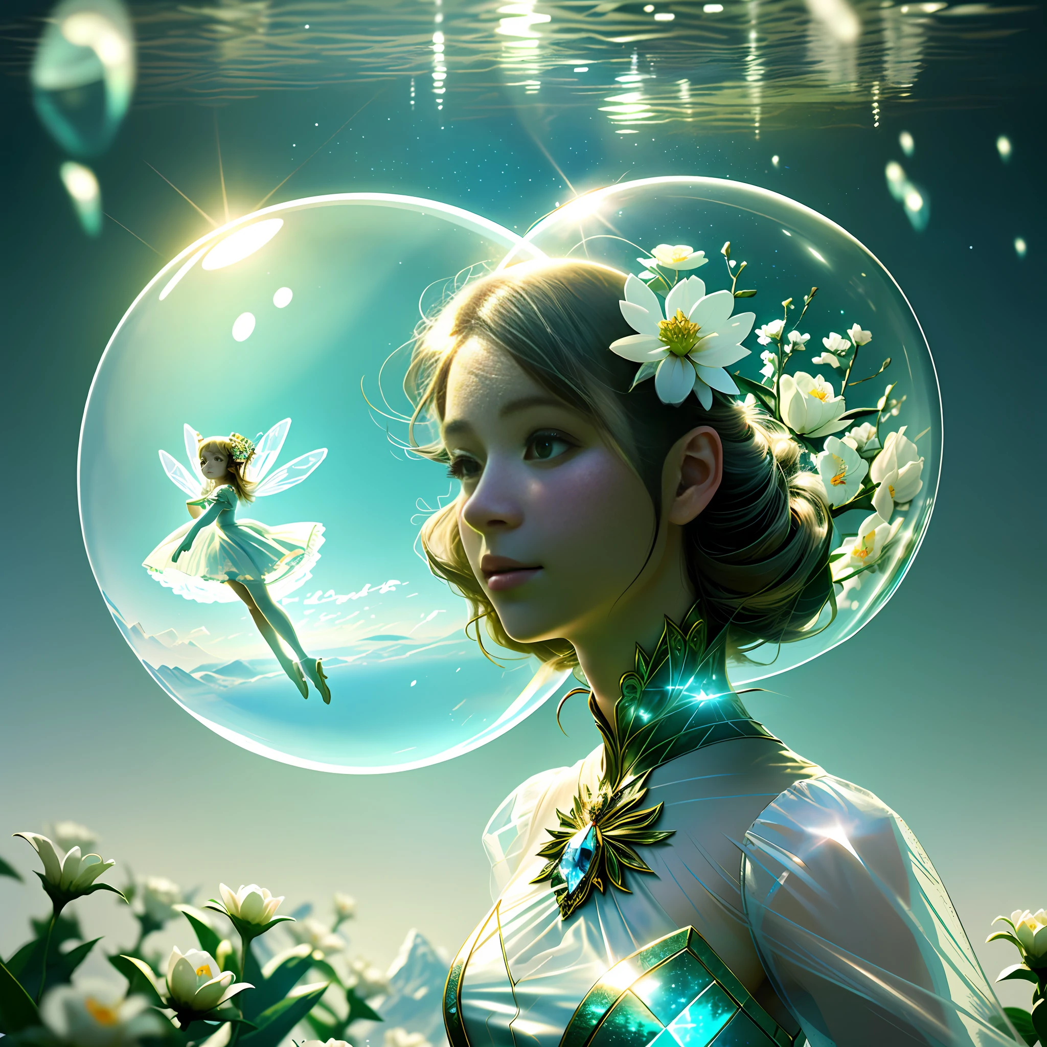 Masterpiece, best quality, super high resolution, detail, realistic, cinematic camera, sexy 1 girl inside a crystal sphere, small size girl in a sphere, thumbelina, translucent clothes, background glowing flowers, you can see the whole body, full-length