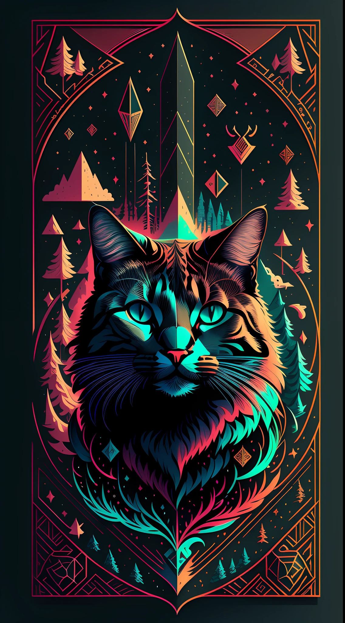 [cat] Heraldic silhouette, logo masking style illustration, by dan mumford, by greg rutkowski, by james jean, black background, fantasy art, mysterious, realistic, majestic, rich vibrant colors, high contrast, seamless watermark, artstation, deviantart, dribble, redbubble, teepublic, sharp, simple, hyper-detailed, detailed drawing, vectorize, outline, isometric style, 8k". --auto --s2