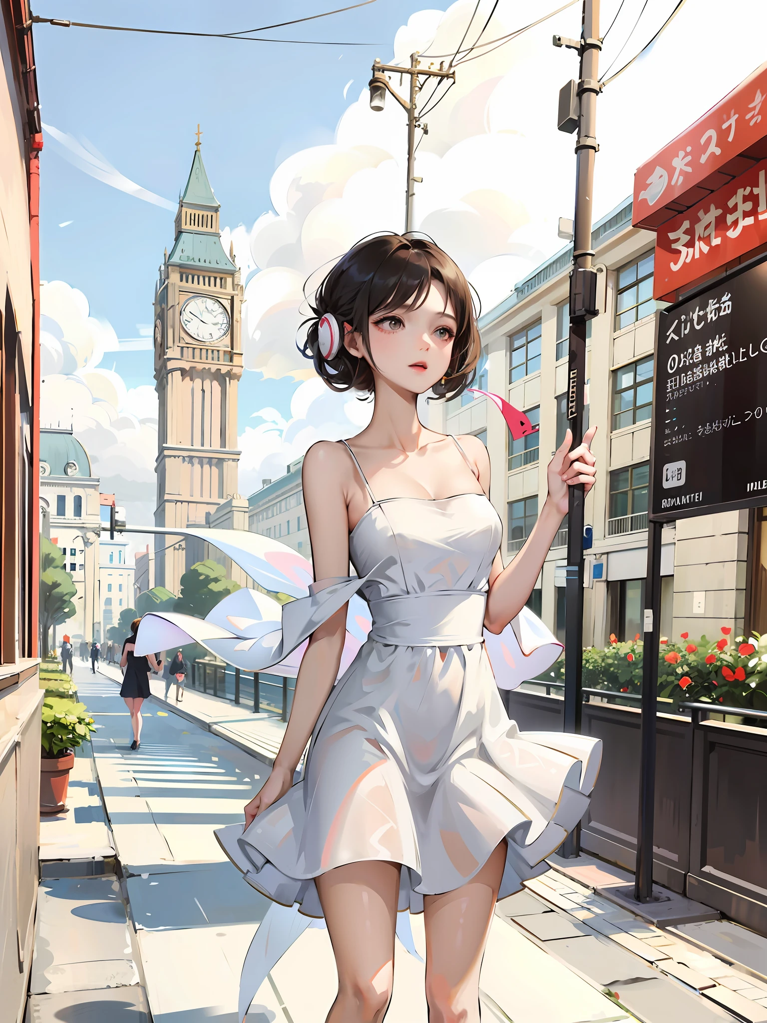 Elegant woman walking on sidewalk in dress, (white line headphones, listening to music), bandeau dress, romantic dress, print, windblown dress, fashion dress, thin waist, light color half-open dress, soft silk fabric, thin, exposed figure, elegant, flowy, summer, no shoulder straps