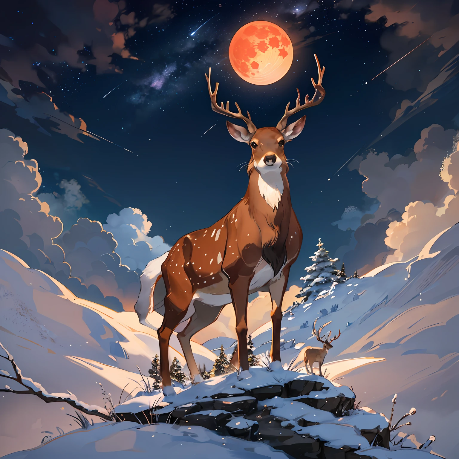 This is a deer standing on the top of a mountain, the deer is shining all over, and in the darkness, only the deer shines. The starry sky is all over the head, there is a round of red moon, dark clouds, flowing fireflies, shooting stars.