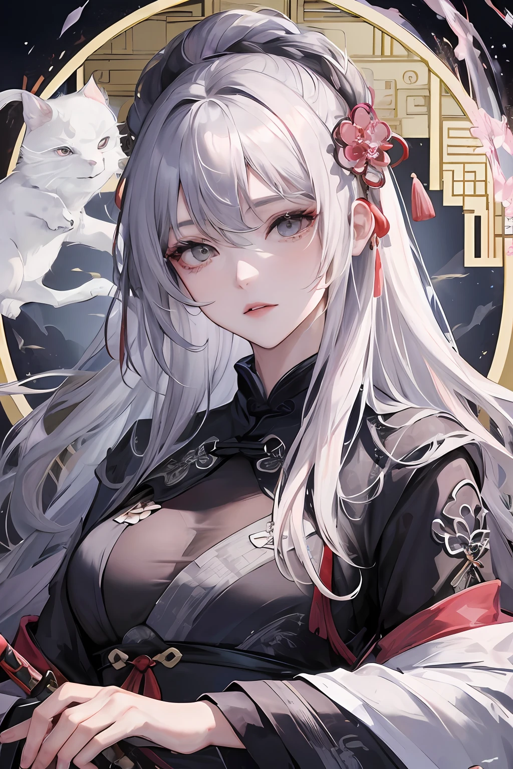 Masterpiece, Superb Product, Night, Full Moon, 1 Woman, Mature Woman, Chinese Style, Ancient China, Sister, Royal Sister, Cold Face, Expressionless, Silver-White Long-Haired Woman, Light Pink Lips, Calm, Intellectual, Three Bands, Gray Eyes, Assassin, Katana
