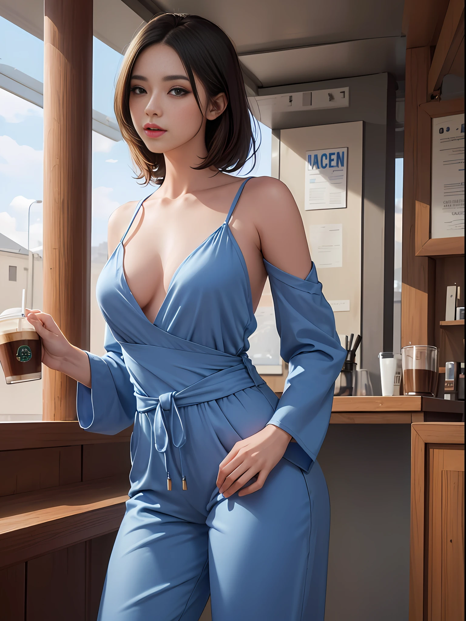 woman in a blue jumpsuit holding a coffee, holding Starbuck coffee, standing in front of coffee shop, with a thin waist, modern casual clothing, blue outfit, casual modern clothing, jumpsuit, thin-waist, blue jumpsuit, casual clothing style, sky blue, colour, pale blue outfit, blue monochromatic, full-length, full - length, loose, (hyperrealistic), (illustration), (high resolution), (8K), (extremely detailed), (best illustration), (beautiful detailed eyes), (best quality), (ultra-detailed), (masterpiece), (wallpaper), (detailed face)