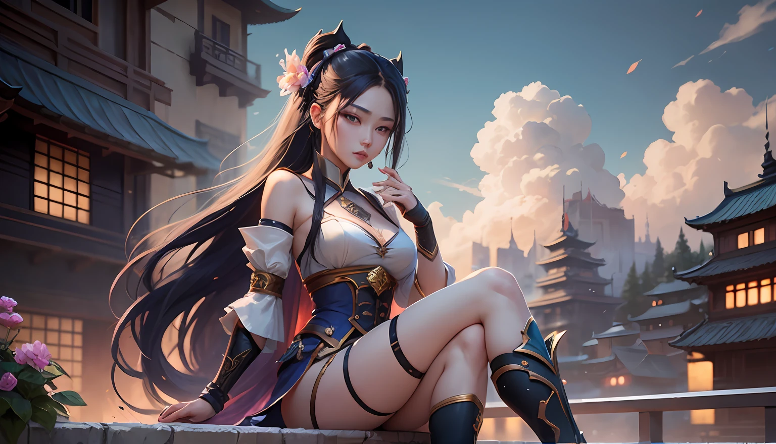 1man, arafed image of a woman with a sword sitting on a balcony, daylight, inspired by Huang Shen, heise jinyao, sylas, League of Legends character, League of Legends character art, zhao yun, g liulian art style, Shen Zhou-inspired, bian lian, official splash art, leblanc, League of Legends splash art, by Yang J, sake, warmth, beautiful. --auto --s2