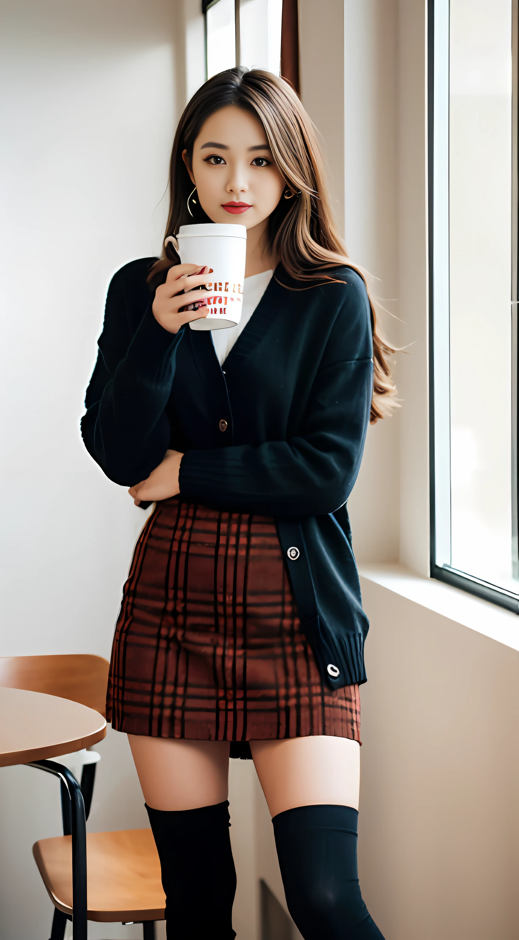 Indoors, portrait, a 25-year-old woman holding a coffee cup, black cropped knitted cardigan, arm:1, dark red narrow skirt with black plaid pattern, black knee-high suede boots, standing next to an office window