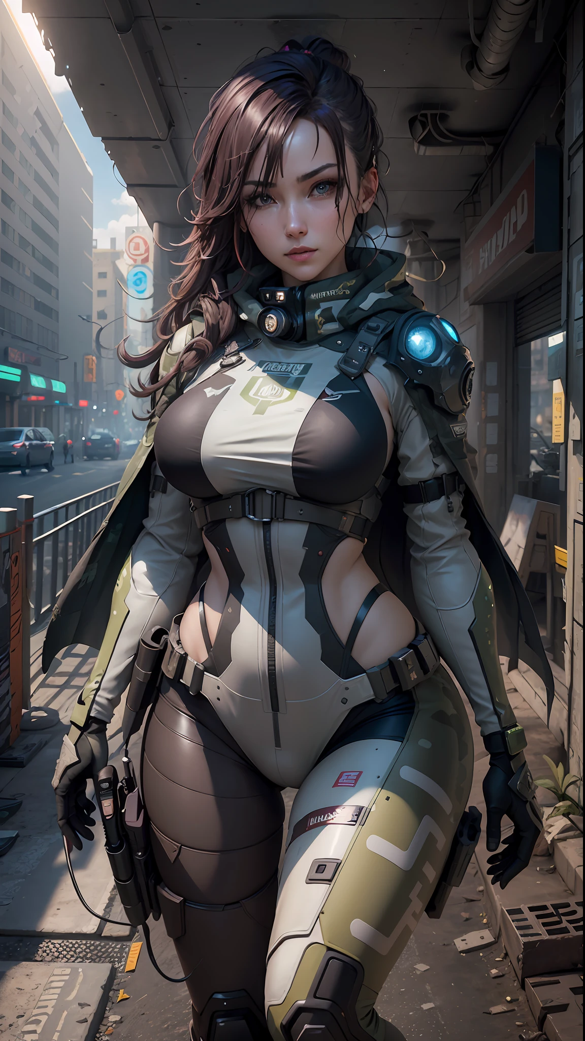 ((Best quality)), ((masterpiece)), (highly detailed:1.3), 3D, beautiful (cyberpunk:1.2) special forces, robort,female with thick voluminous hair wearing (wearing camouflage_uniform:1.1), body armour,cape,digital (camouflage:1.3),HDR (High Dynamic Range),Ray Tracing,NVIDIA RTX,Super-Resolution,Unreal 5,Subsurface scattering,PBR Texturing,Post-processing,Anisotropic Filtering,Depth-of-field,Maximum clarity and sharpness,Multi-layered textures,Albedo and Specular maps,Surface shading,Accurate simulation of light-material interaction,Perfect proportions,Octane Render,Two-tone lighting,Wide aperture,Low ISO,White balance,Rule of thirds,8K RAW,Efficient Sub-Pixel,sub-pixel convolution,