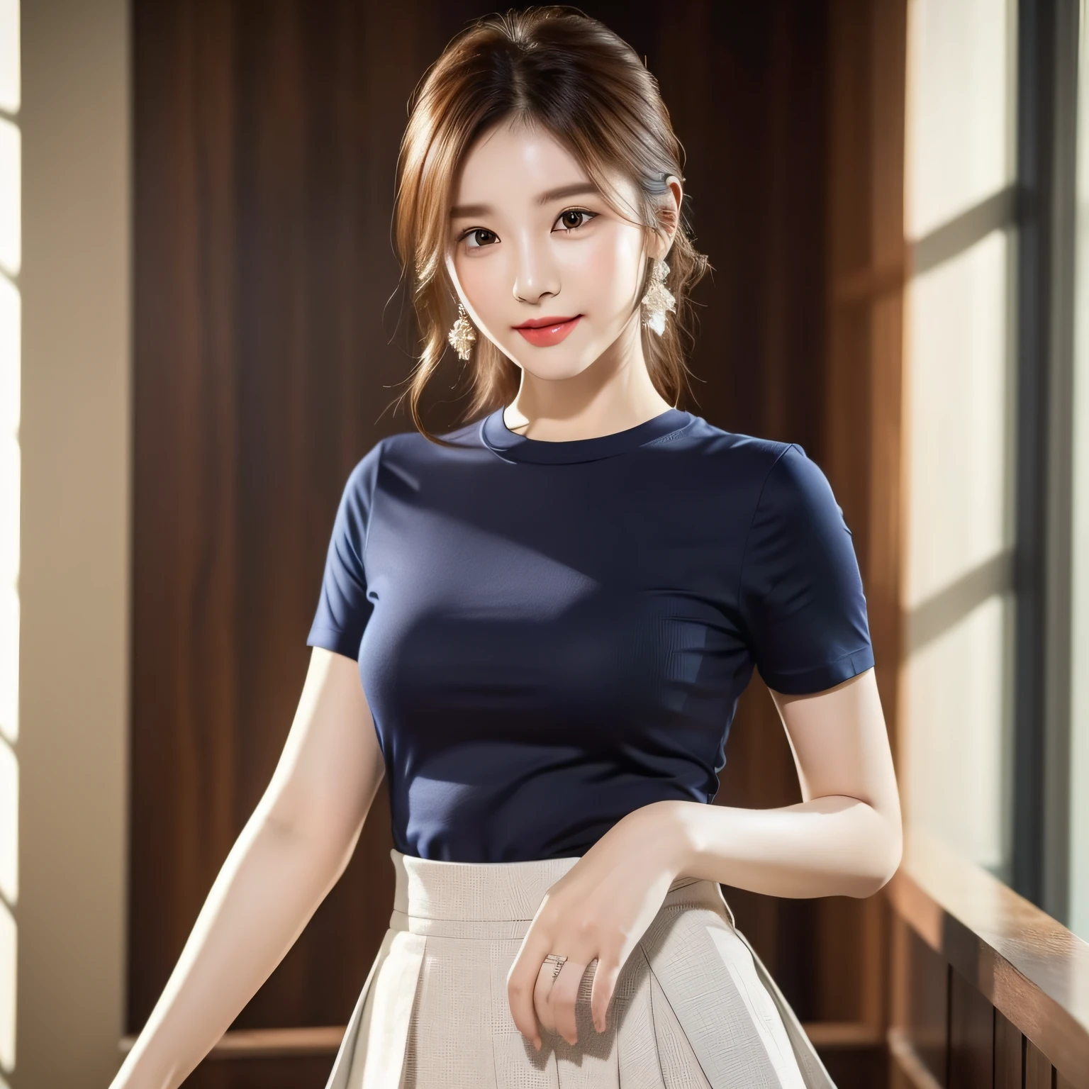 (A Korean girl: 1.5), (a woman), there is only one person in the picture, ((Best quality, 8K, Masterpiece: 1.3)), Sharp focus: 1.2, (Upper body: 1.4), Perfect figure: 1.4, Slim: 1.2, happy expression, standing by the window, smiling, short sleeve tight T-shirt, cotton tight T-shirt, tight T-shirt, delicate fabric texture, with straight skirt, suit skirt, with contrasting tones, elegant, highly fine face and skin texture, detailed eyes, double eyelids , long eyelashes, fine eyelashes, fine cloth texture