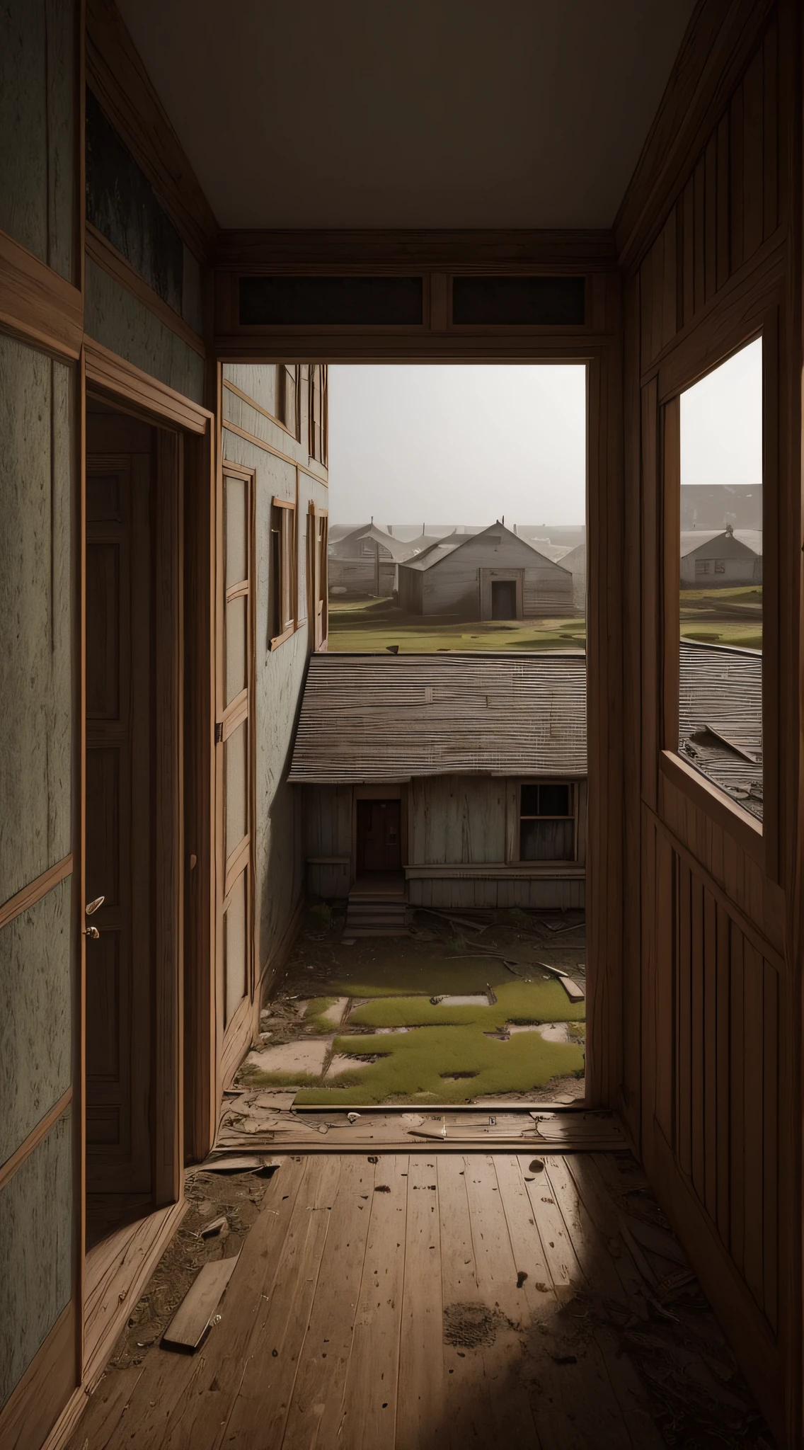 ((best quality), (masterpiece), (detailed)) A wide plan of simple empty English colony houses, with a gentle wind whispering through the desolate walls. The color palette reflects the melancholy of the place, with earthy and faded tones. The composition highlights the loneliness and stillness of the environment. Inspired by the realistic style of John White, the scene captures every detail of the surrounding architecture and natural elements. The camera is positioned at a low angle, highlighting the grandeur of the abandoned structures and creating a sense of nostalgia.