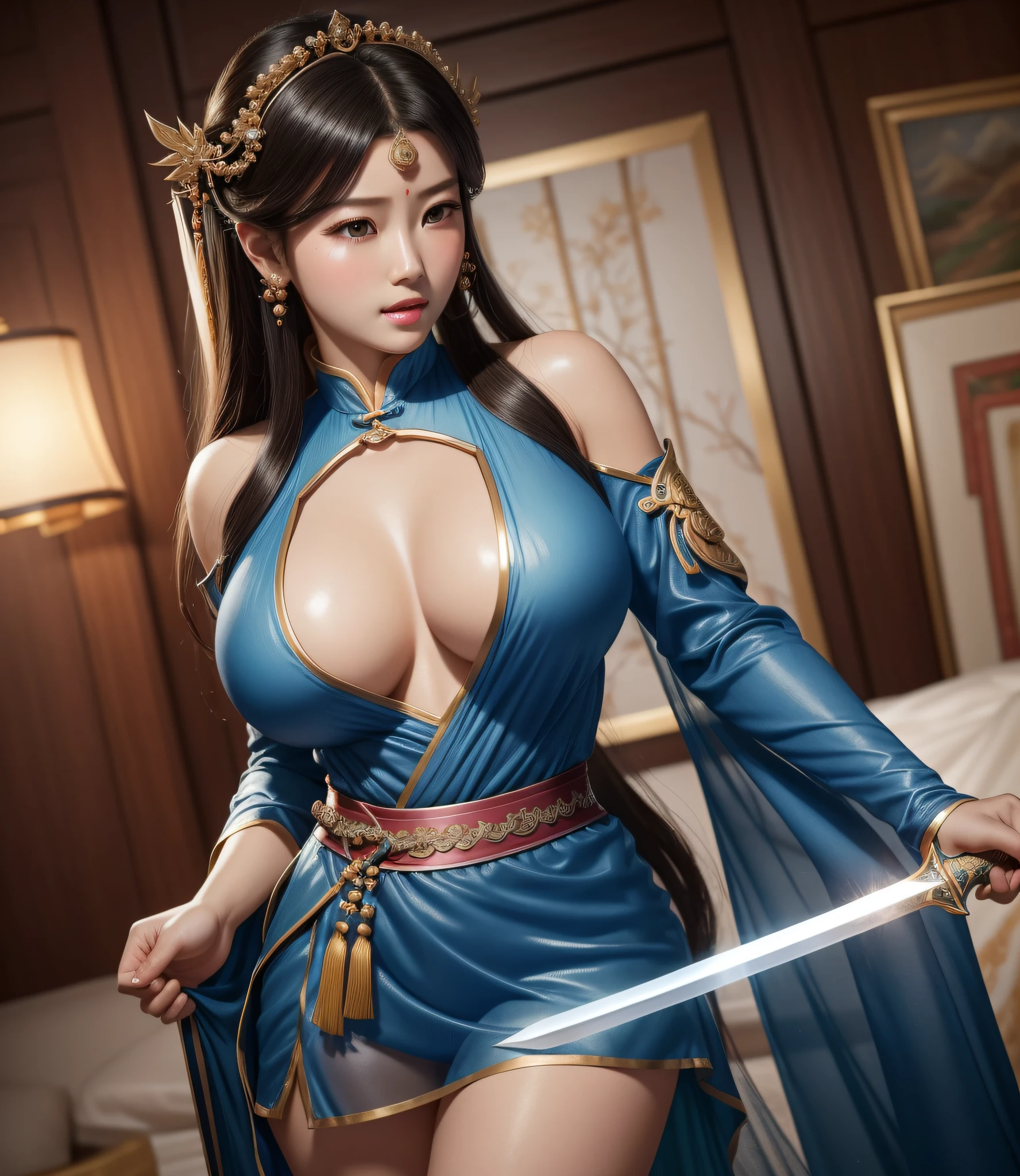 a close up of a woman in a blue dress with a sword, game cg, yun ling, full body xianxia, portrait knights of zodiac girl, trending on cgstation, inspired by Li Mei-shu, inspired by Leng Mei, inspired by Lan Ying, xianxia, 3 d anime realistic, xision wu, beautiful render of tang dynasty, (masterpiece:1.4), (8k, photorealistic, RAW photo, best quality: 1.4), japanese, beautiful face, (realistic face:1.4), (high detailed hair:1.3), beautiful hairstyle, realistic eyes, beautiful detailed eyes, (realistic skin:1.3), beautiful skin, attractive, ultra high res, ultra realistic, highly detailed, golden ratio, (detailed face:1.4), (realistic big breasts:1.4), (braless:1.4), perky_nipples, (see-through outfit, transparent outfit :1.2), (nsfw:1.25), (pink lips),