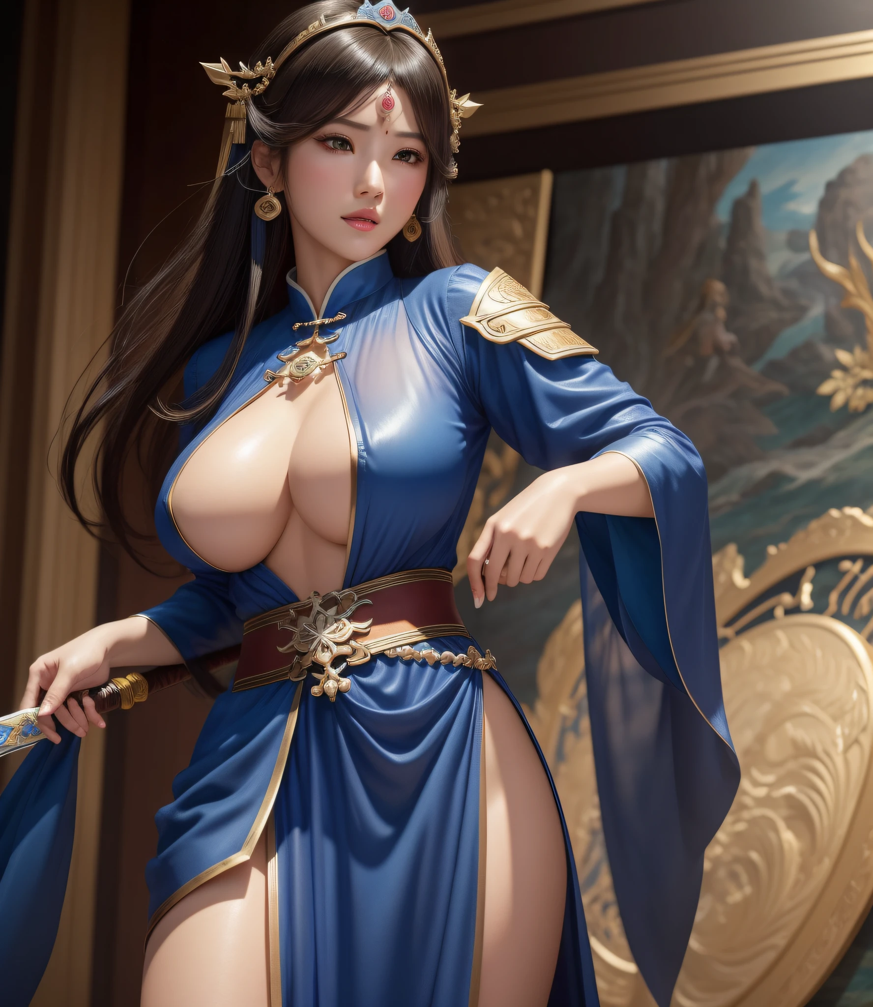 a close up of a woman in a blue dress with a sword, game cg, yun ling, full body xianxia, portrait knights of zodiac girl, trending on cgstation, inspired by Li Mei-shu, inspired by Leng Mei, inspired by Lan Ying, xianxia, 3 d anime realistic, xision wu, beautiful render of tang dynasty, (masterpiece:1.4), (8k, photorealistic, RAW photo, best quality: 1.4), japanese, beautiful face, (realistic face:1.4), (high detailed hair:1.3), beautiful hairstyle, realistic eyes, beautiful detailed eyes, (realistic skin:1.3), beautiful skin, attractive, ultra high res, ultra realistic, highly detailed, golden ratio, (detailed face:1.4), (realistic big breasts:1.4), (braless:1.4), perky_nipples, (see-through outfit, transparent outfit :1.2), (nsfw:1.25), (pink lips),