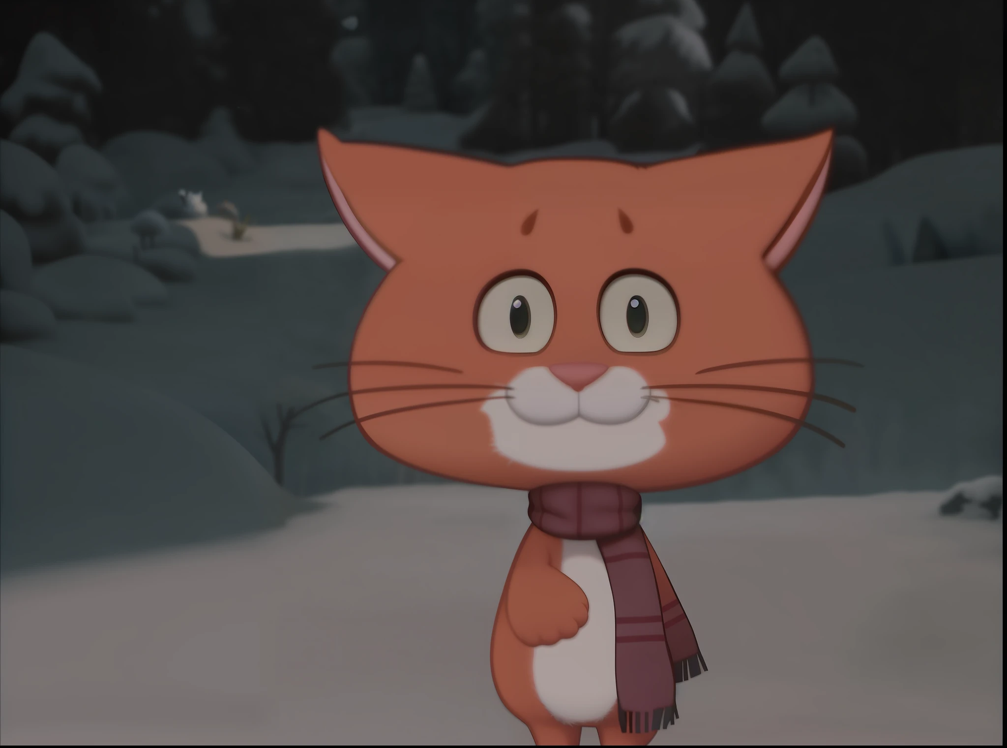cartoon cat with scarf standing in snow covered area with trees, with garfield the cartoon cat, disney's bambi cat, animation still screencap, anime visual of a cute cat, film still from an cartoon, garfield the cat, gumball watterson, screenshot from the anime film, an orange cat, the cat is orange, anime cat, animated film still