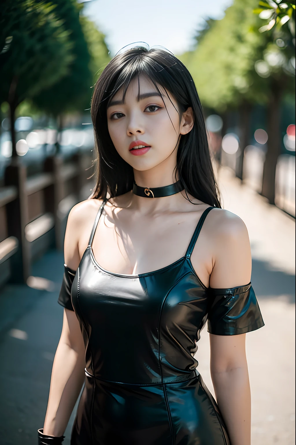 (Black choker made of leather, black cloth gloves, black glossy dress)) (8K, highest quality, masterpiece: 1.2), (Realistic, photorealistic: 1.37), ultra-detail, top quality, ultra-high resolution, professional lighting, photon mapping, radiosity, physically based rendering, cinematic lighting, depth of field, focusing, sunbeams, good composition , (Bokeh:1.2),1 girl,(Full body),(Mouth closed),Beautiful eyes,Pose,Constriction,Black dress,Black hair,Unkempt hair,Long hair fluttering in the wind,(ulzzang-6500:1.2) mix4, hiqcgbody