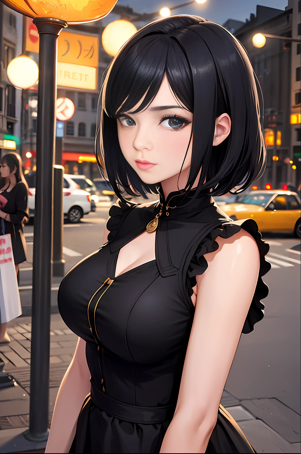 (halfbody shot,street lamps,moon),Masterpiece, 1girl, solo exhibition, beautiful woman on the bustling street, surrounded by hawkers, beautiful goddess girl portrait, beautiful and detailed face, porcelain skin, (((bust shot, center, night, black hair, short hair)), super soft lighting, symmetry, complexity, elegance, high detail, realism, art, concept art,