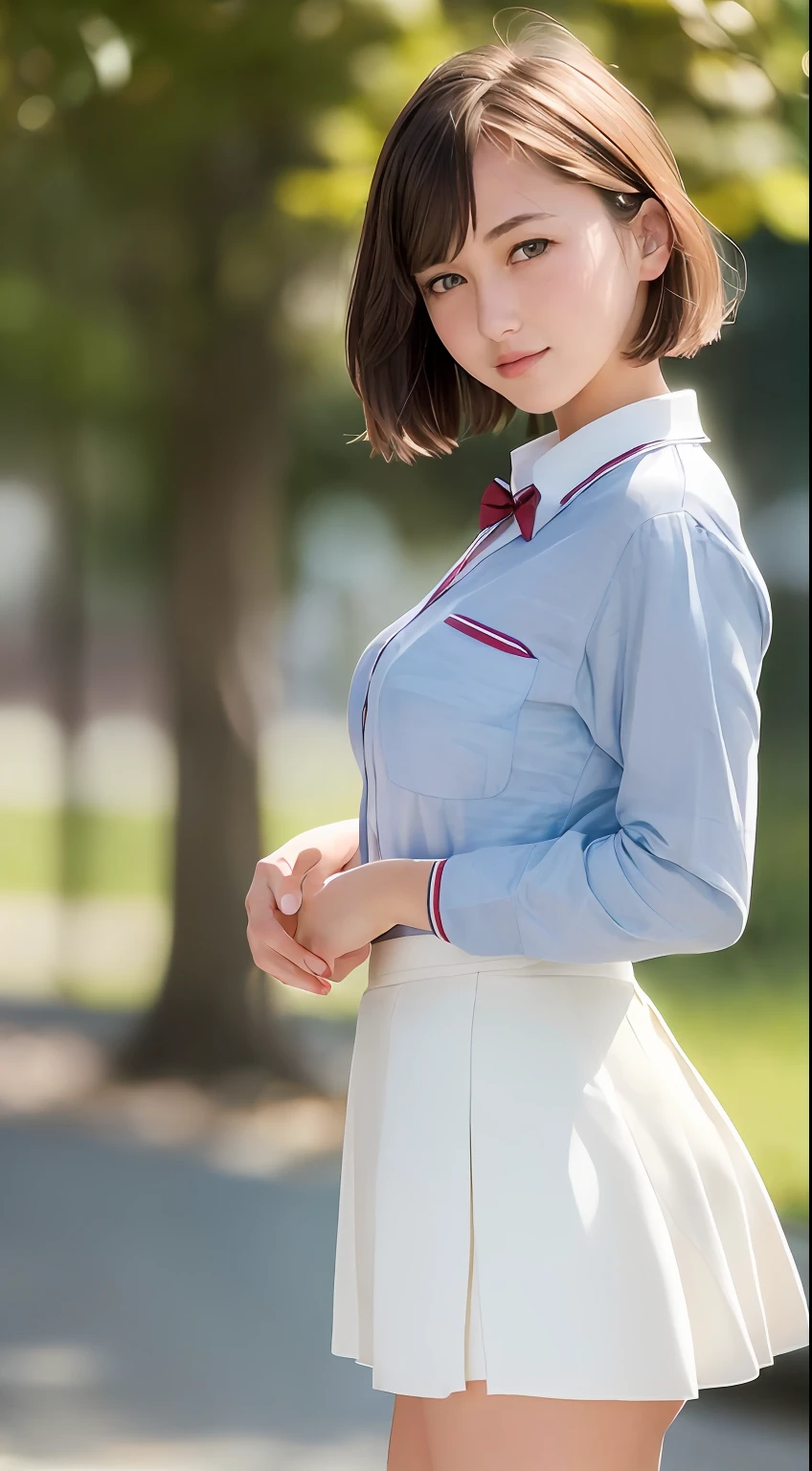(( 19 year old young girl wear high school uniform costume:1.3)),(Dynamic pose),(skirt floating in the wind), (((Below the waist shot,haunting smile,moist lips,short hair))),
((irises and pupils are rounded,the pupil reflects the surroundings,eyes are not the same size)),
((Big eyes,perfect eyes,watery eyes)),
((thick bangs)),((Thin legs)),(high detailed skin,visible pores),
((medium breasts)),((city street,))

(ultra high res,photorealistic,realistic,best quality,photo-realistic),
(8k, raw photo, best quality, masterpiece),
(photon mapping, radiosity, physically-based rendering,automatic white balance),
technological sense, best quality, masterpiece, illustration,CG ,unity ,wallpaper, official art,
Amazing, finely detail, an extremely delicate and beautiful,extremely detailed,
highly detailed, sharp focus,rich background,blurry background,strong sunlight,
(real person,photograph),